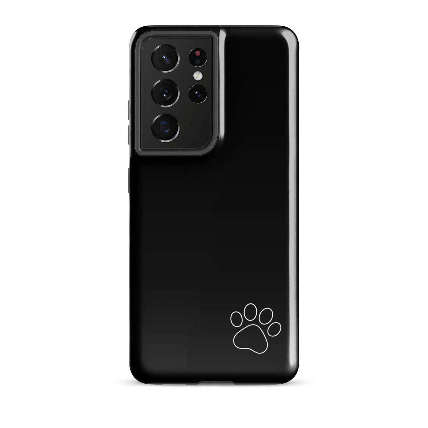 Phone Case for Samsung Galaxy with black design and white paw print in the lower right corner, minimalist stylish accessory.