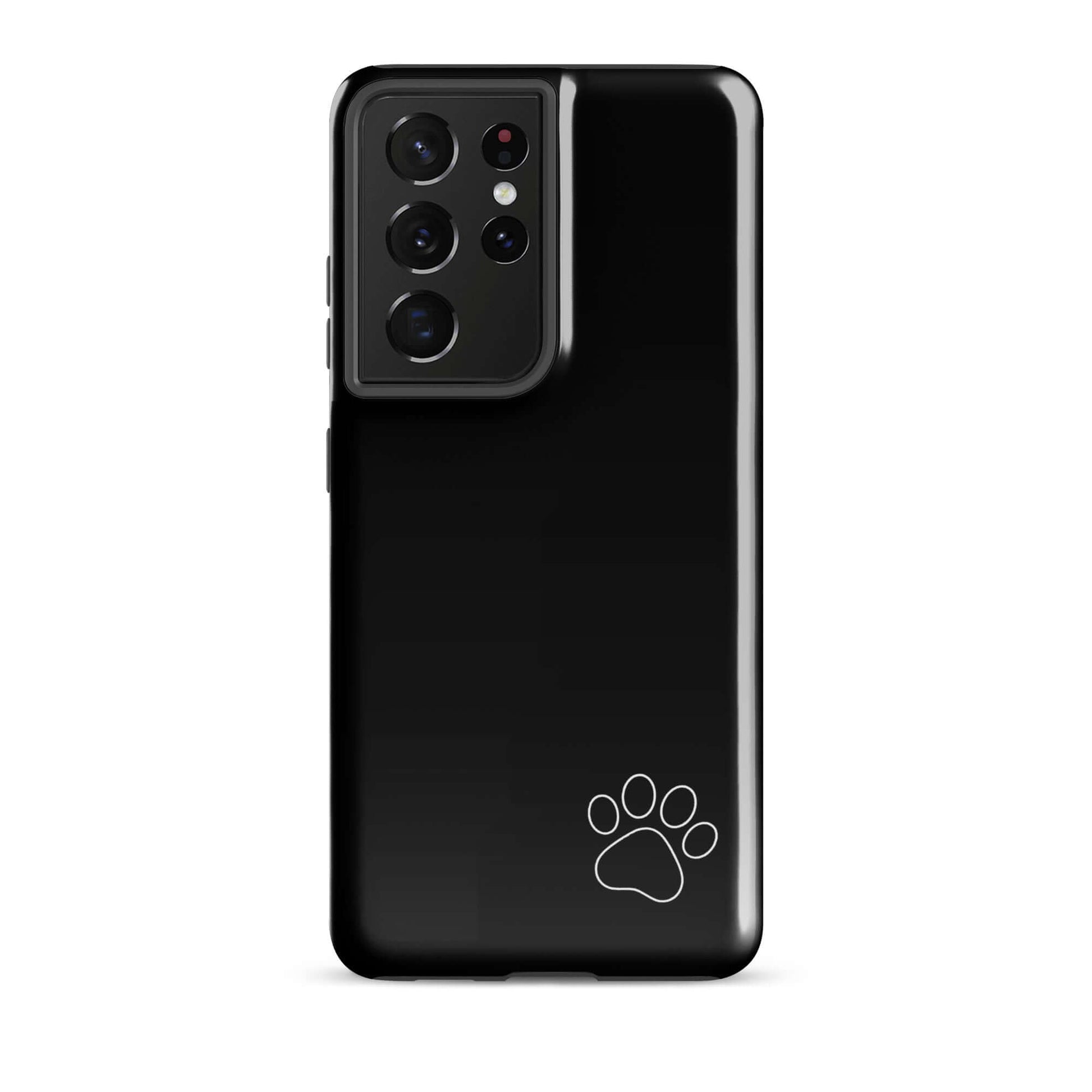 Phone Case for Samsung Galaxy with black design and white paw print in the lower right corner, minimalist stylish accessory.