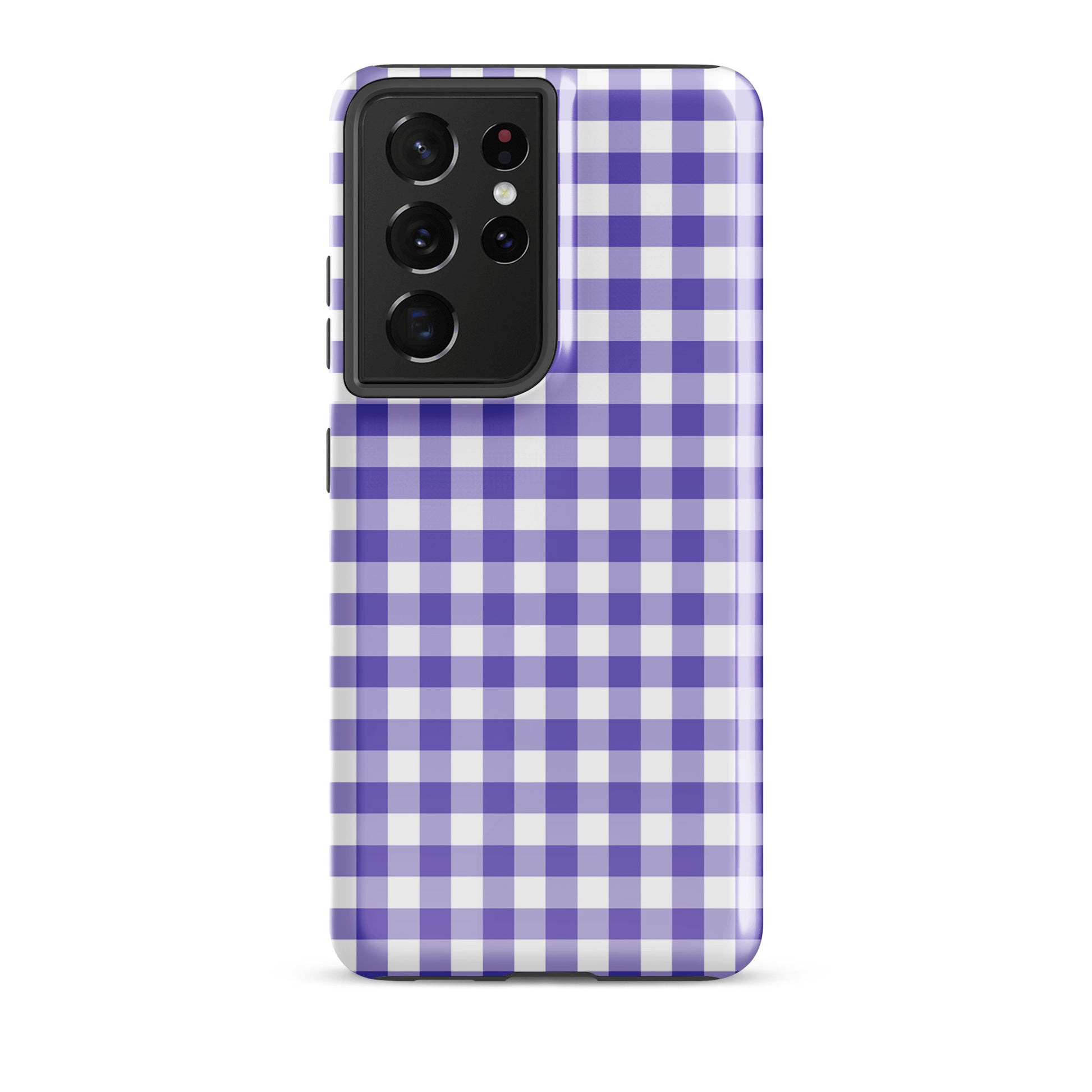 Phone case for Samsung Galaxy with purple and white gingham pattern providing style and protection.
