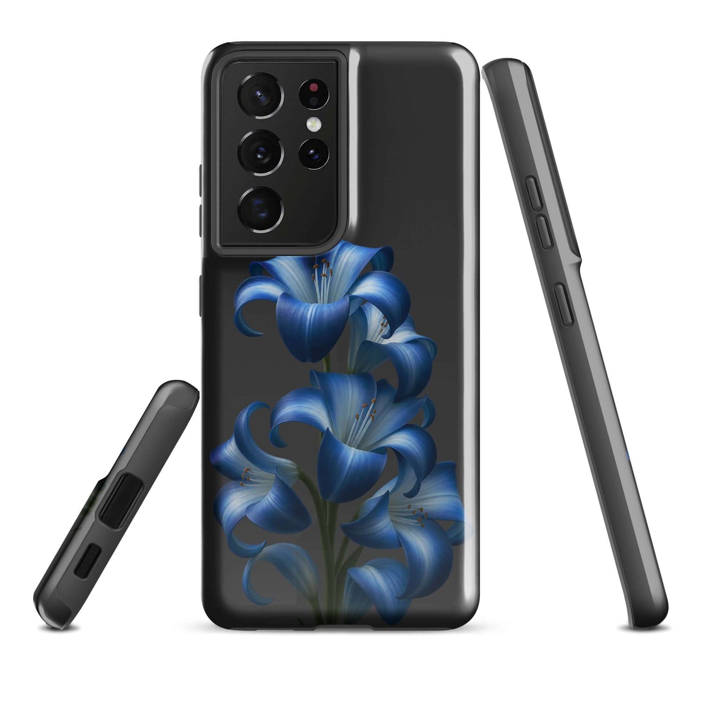 Phone Case for Samsung Galaxy with Blue Lily Bloom Art on dark backdrop, showcasing floral design and protection.