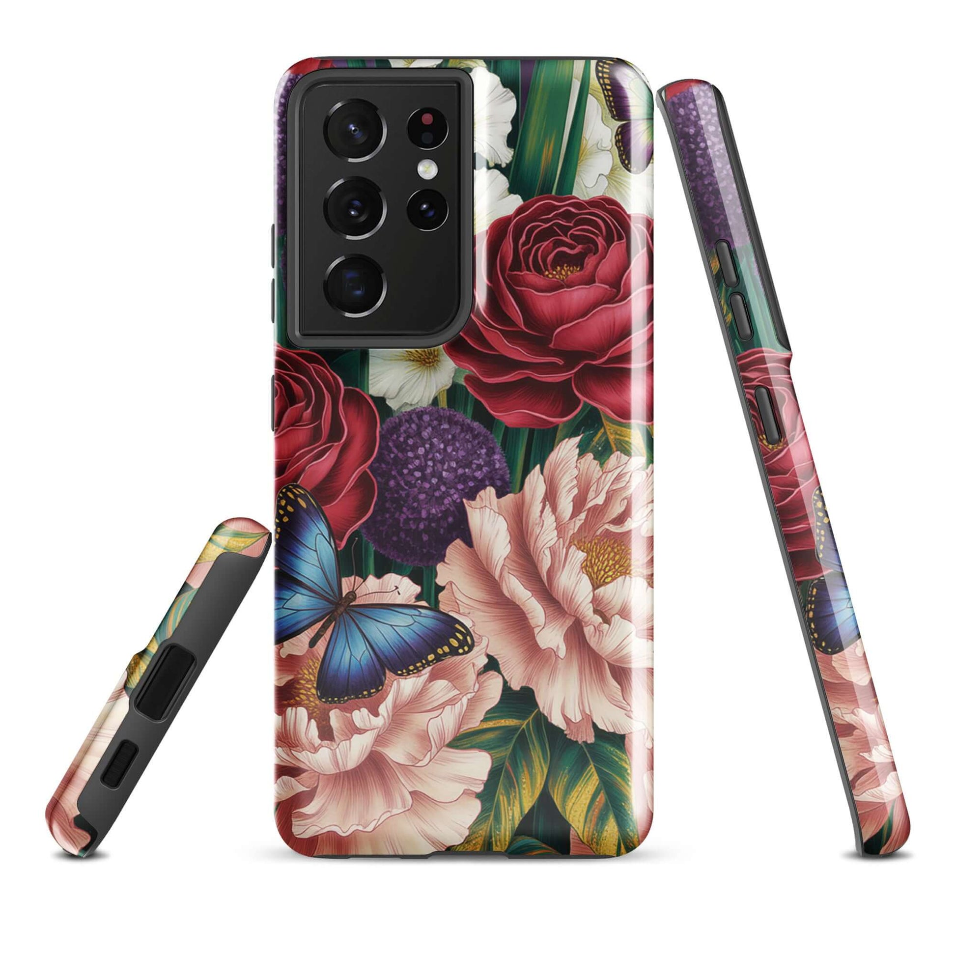 Phone Case for Samsung Galaxy with floral design featuring roses, peonies, alliums, and butterflies on a botanical garden theme.