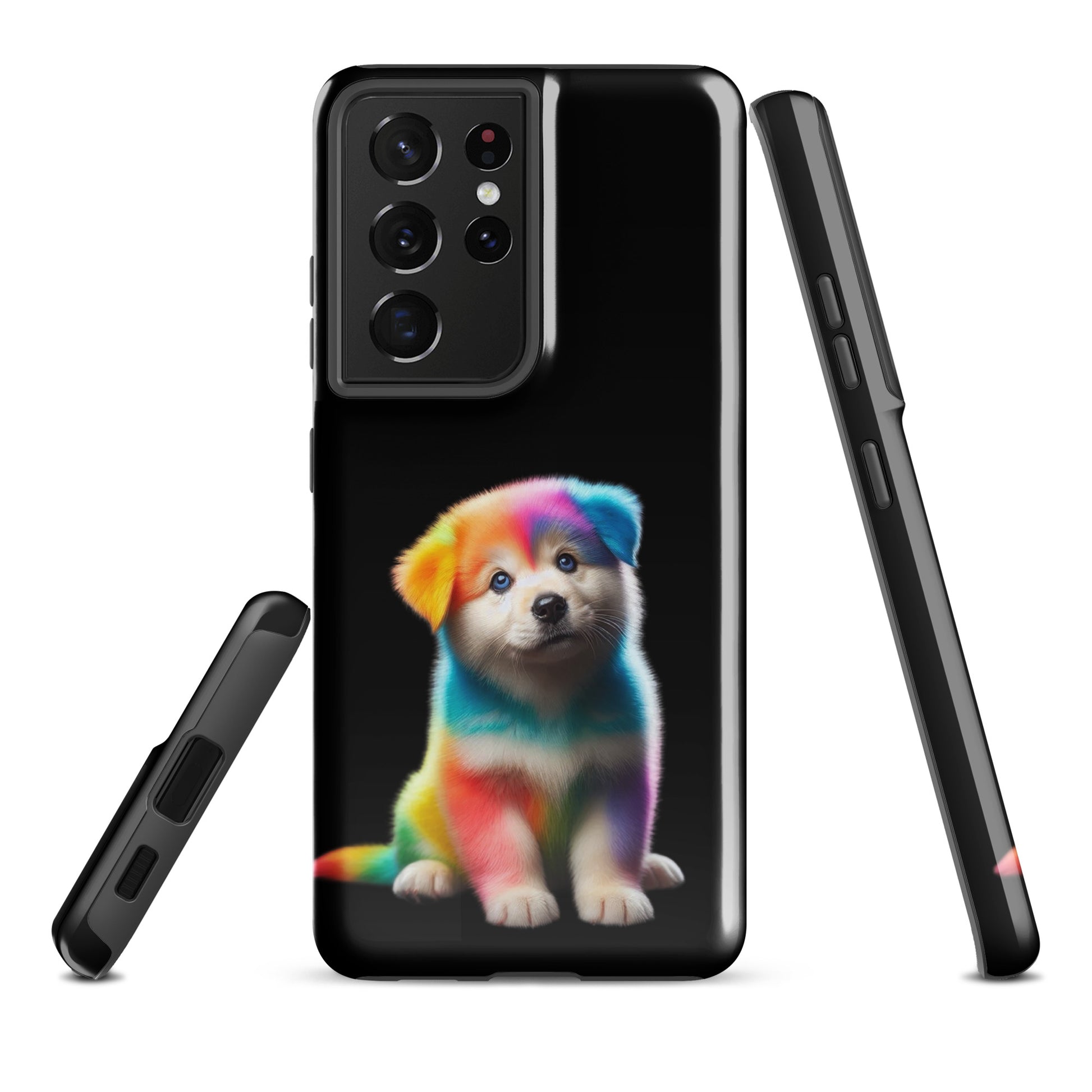Phone Case for Samsung Galaxy with vibrant rainbow puppy design and night magic theme, featuring cosmic colorful pet art.
