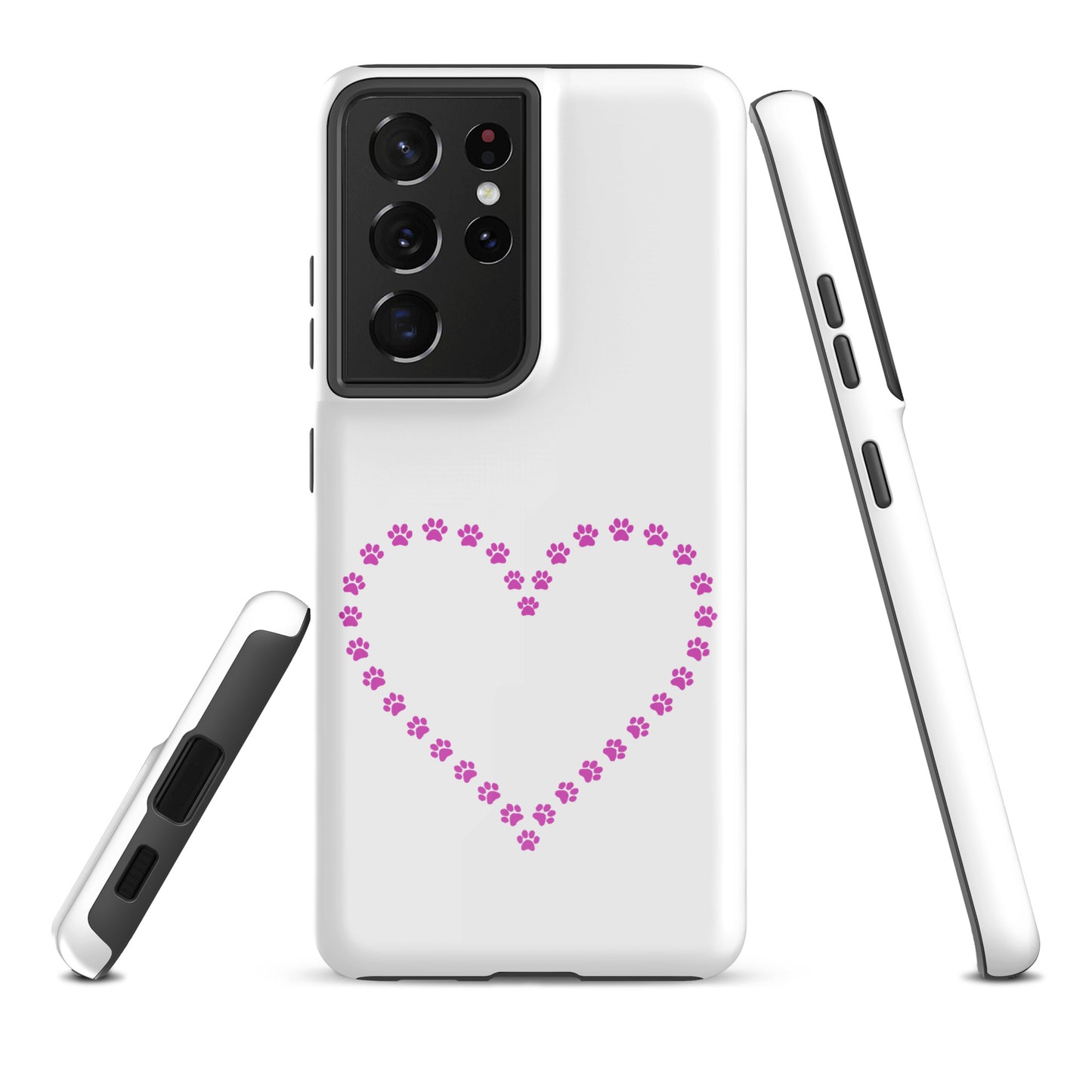 Phone Case for Samsung Galaxy with pink paw print heart design for pet lovers, durable and whimsical cover.