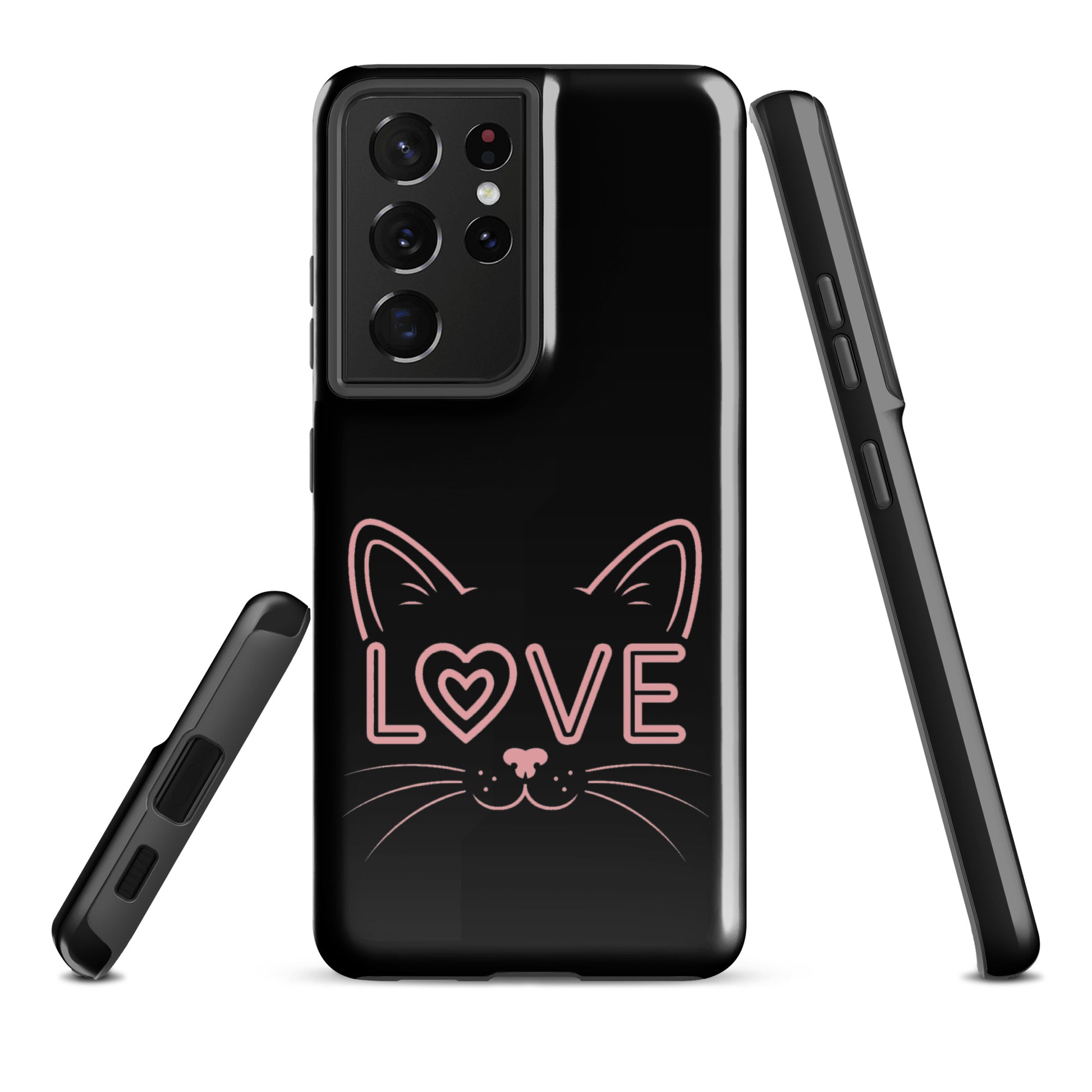 Cat Love Phone Case for Samsung Galaxy featuring sleek cat face outline with "love" design, stylish and protective accessory.