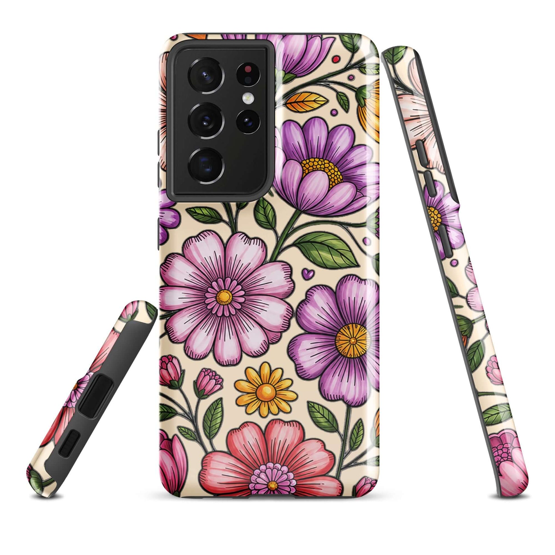 Phone Case for Samsung Galaxy with pastel floral design featuring pink, peach, lavender, and yellow flowers on a protective shell.
