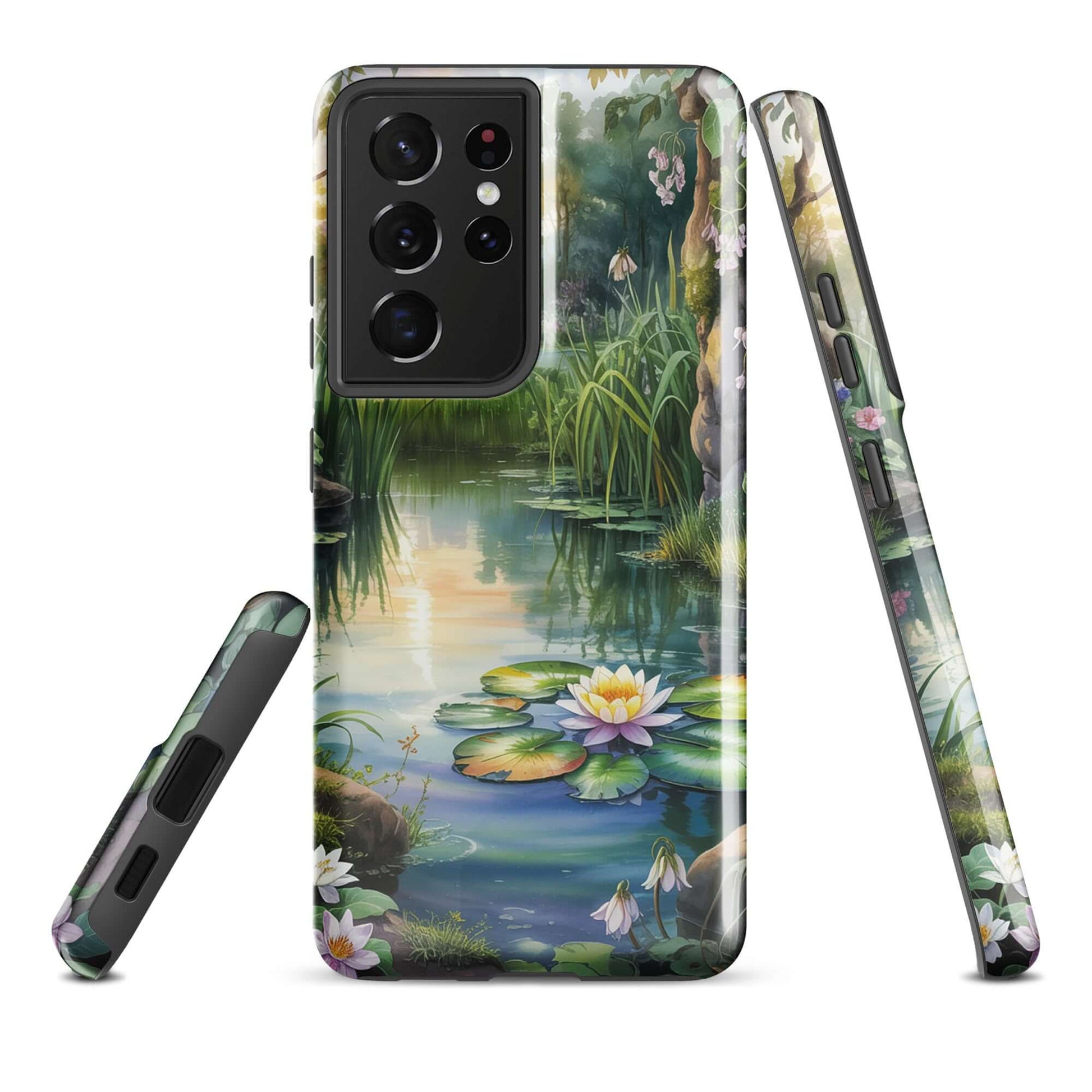 Phone Case for Samsung Galaxy featuring enchanted pond design with water lilies and sunset reflections.