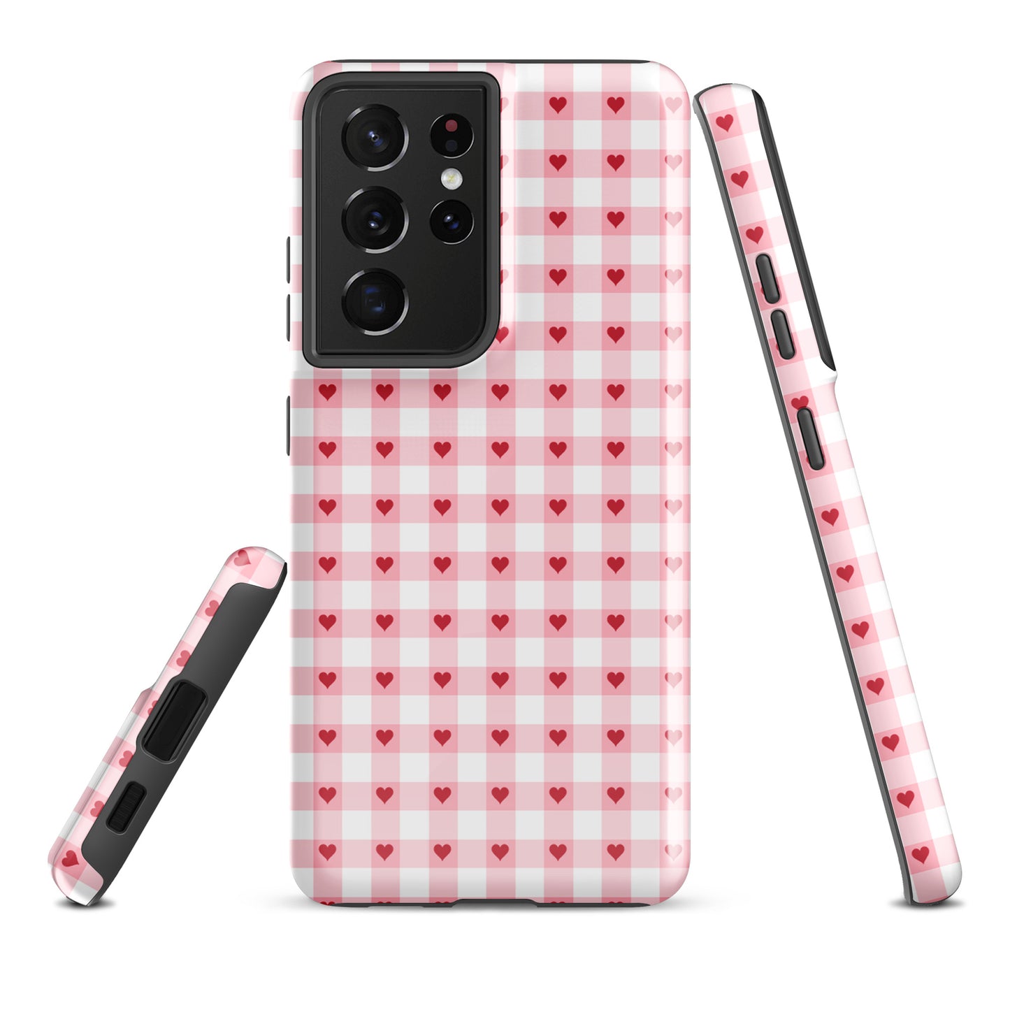 Phone Case for Samsung Galaxy with pink-and-white gingham heart pattern, showcasing stylish design and durable luxury.
