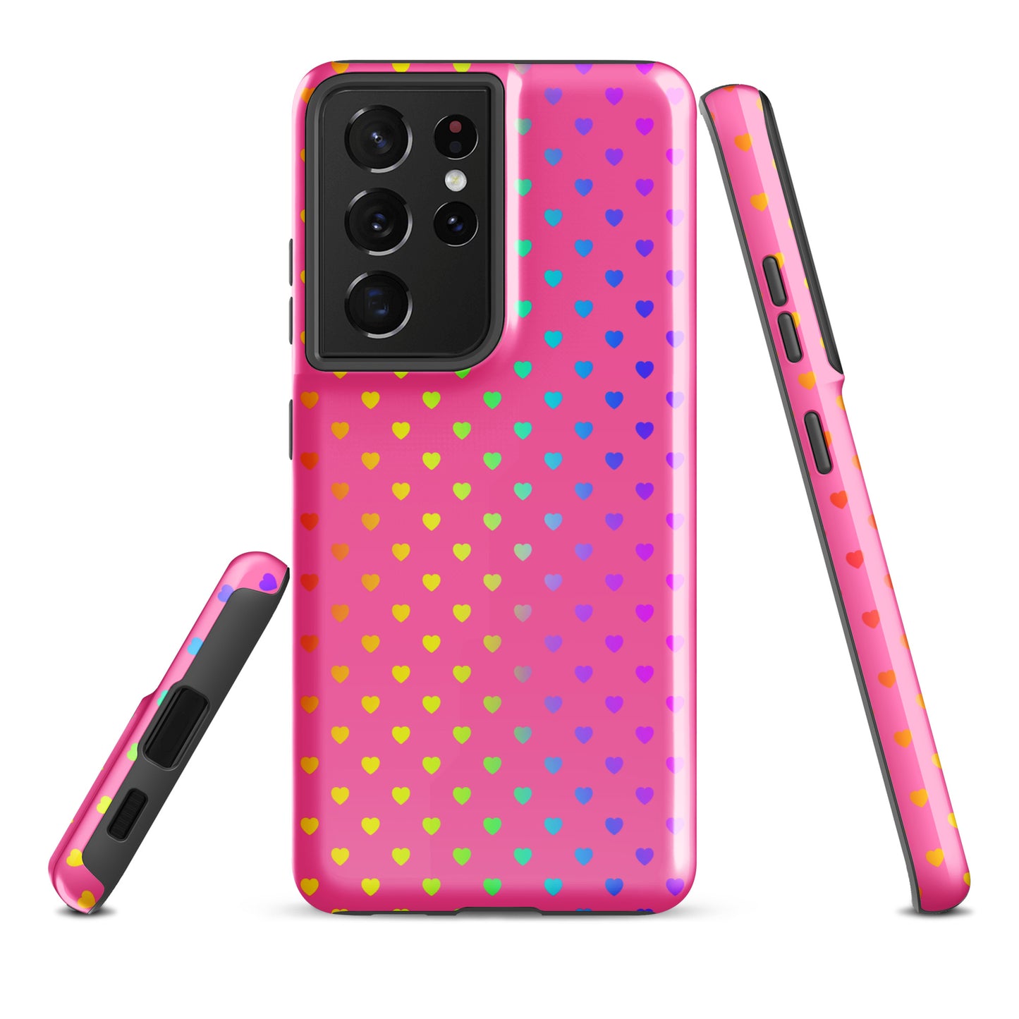 Phone case for Samsung Galaxy with cute rainbow hearts on a pink background, showcasing colorful and cheerful design.