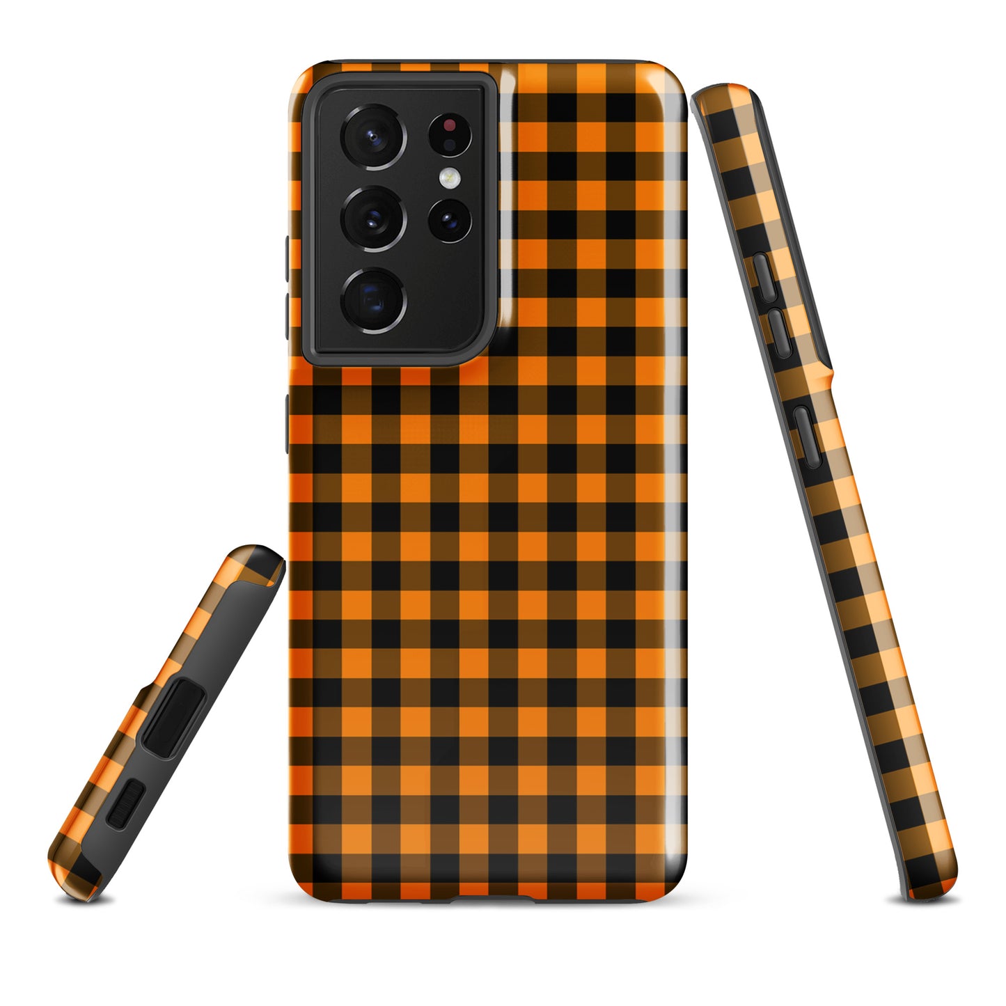 Black-and-orange gingham phone case for Samsung Galaxy in autum theme, stylish and durable.
