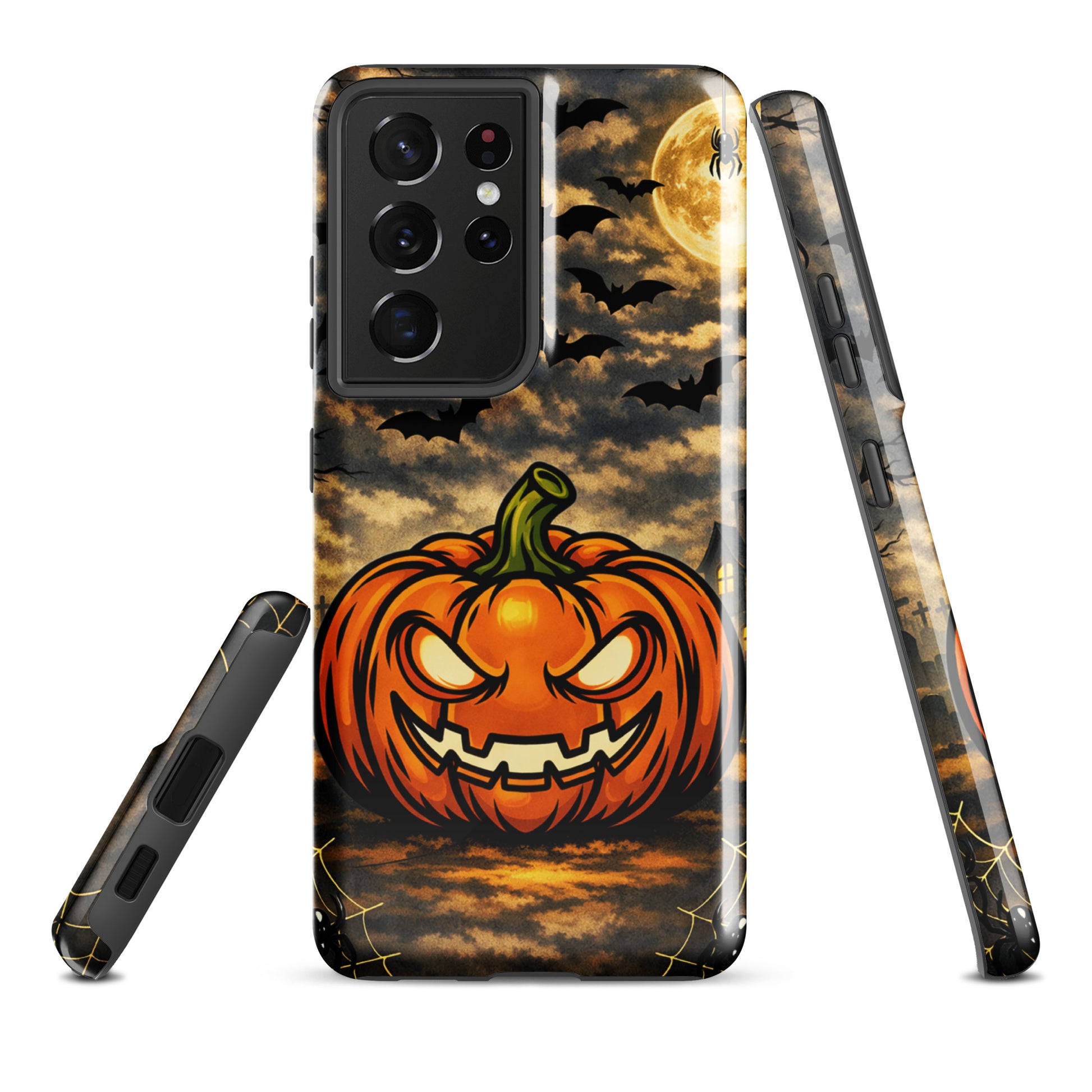 Phone Case for Samsung Galaxy with Halloween pumpkin, bats, moonlit clouds, and haunted house design.
