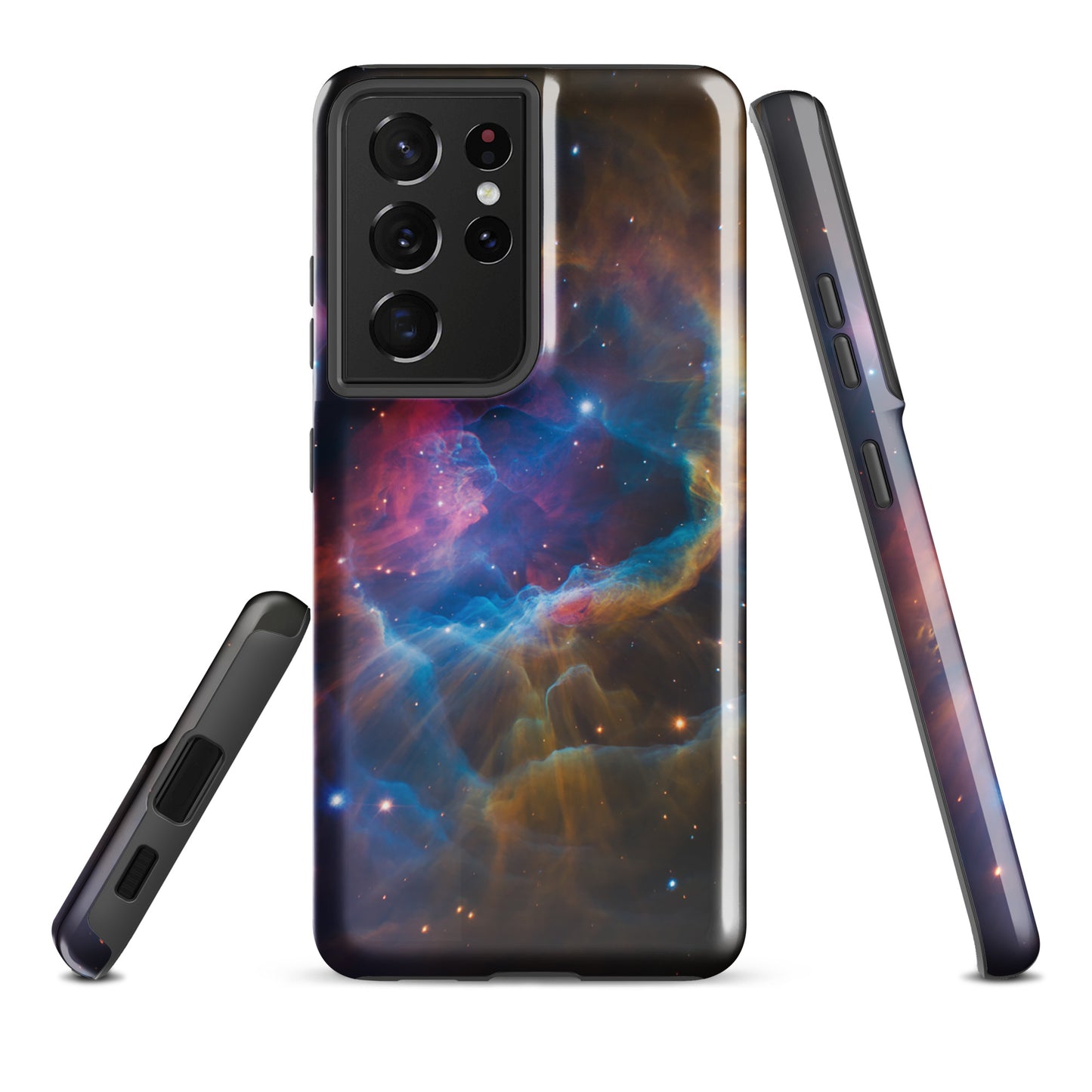 Phone Case for Samsung Galaxy with cosmic design featuring a nebula of blues, oranges, and pinks, offering a bold and stylish look.