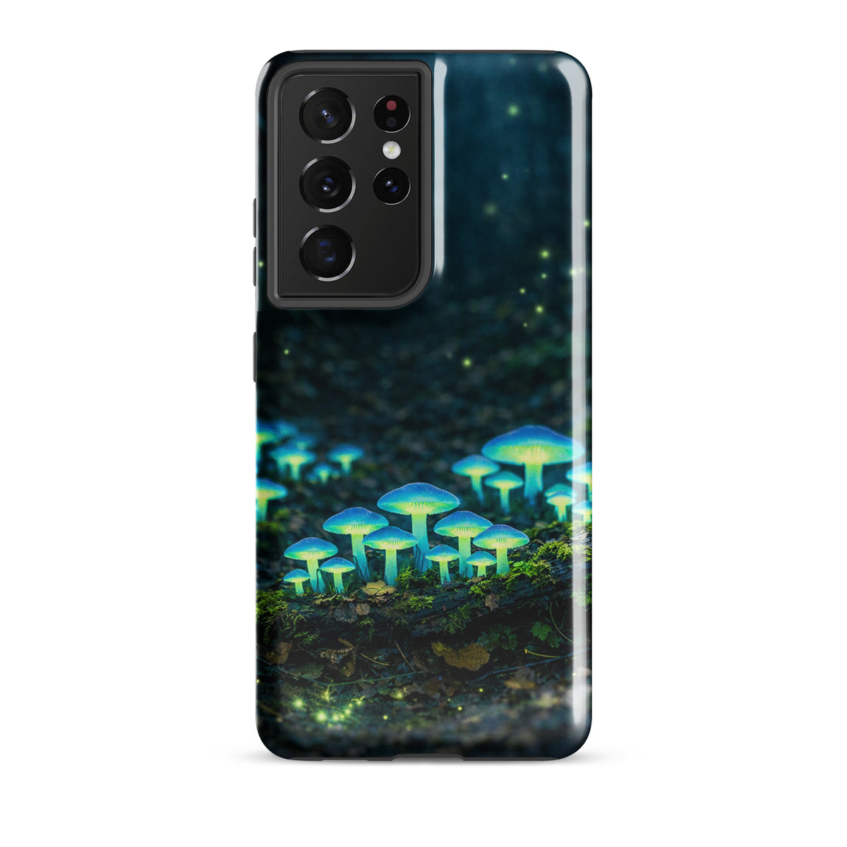Phone Case for Samsung Galaxy featuring glowing forest mushrooms with ethereal blue-green glow on a woodland design.