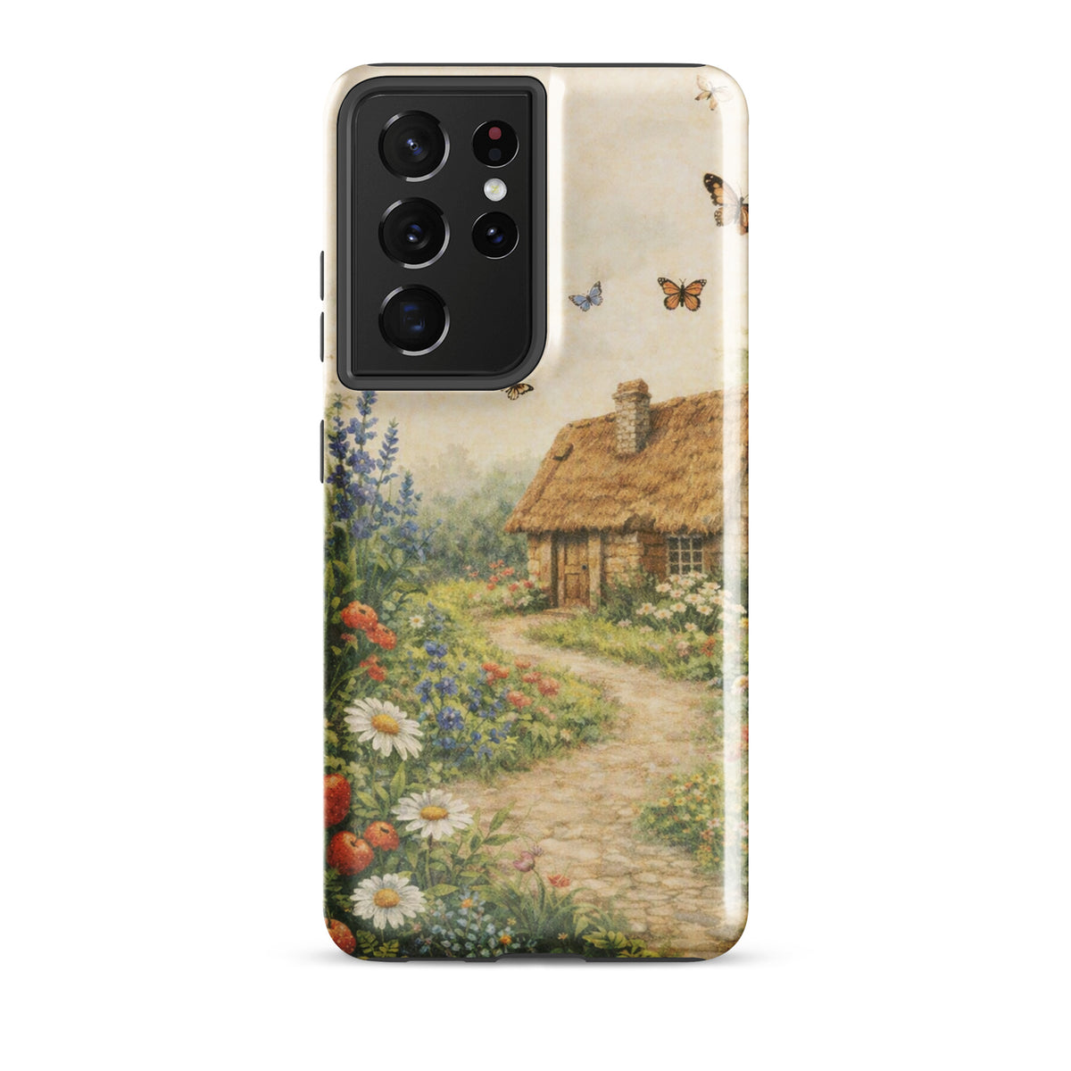 Phone Case for Samsung Galaxy with cottage garden art, featuring a cozy cottage, floral path, and butterflies on a cream background.