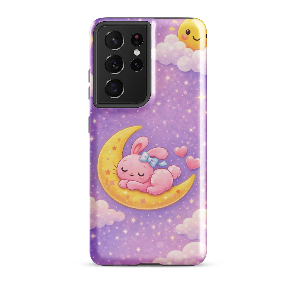 Phone Case for Samsung Galaxy - Cute, Cozy, Dreamy Bunny Moon Design with pink bunny on crescent moon and stars background.