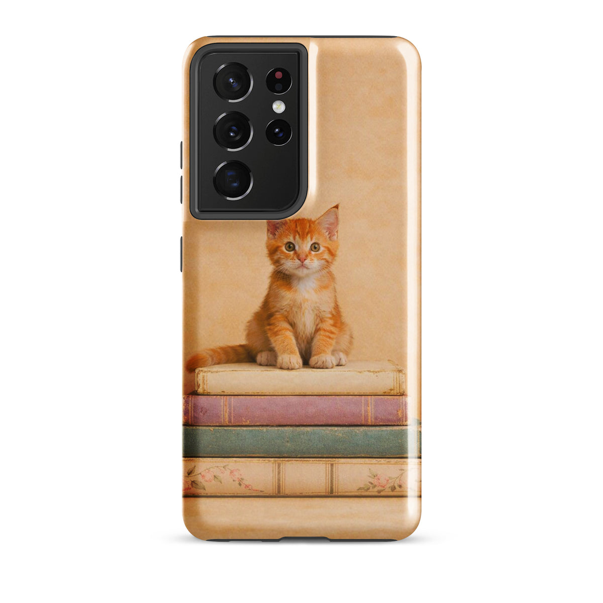 Phone Case for Samsung Galaxy with cozy kitten and vintage books design, featuring an orange tabby kitten on stacked pastel books.