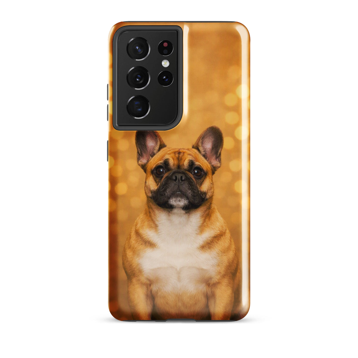 Phone Case for Samsung Galaxy with French Bulldog portrait and golden bokeh background, perfect for dog lovers.