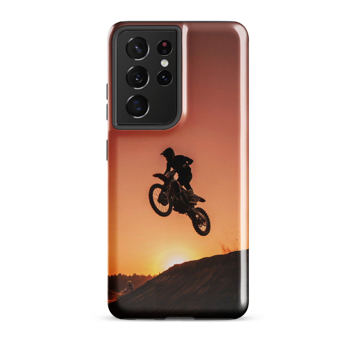 Phone Case for Samsung Galaxy with motocross sunset dirt bike design on a rugged dirt track silhouetted against a glowing copper sunset.