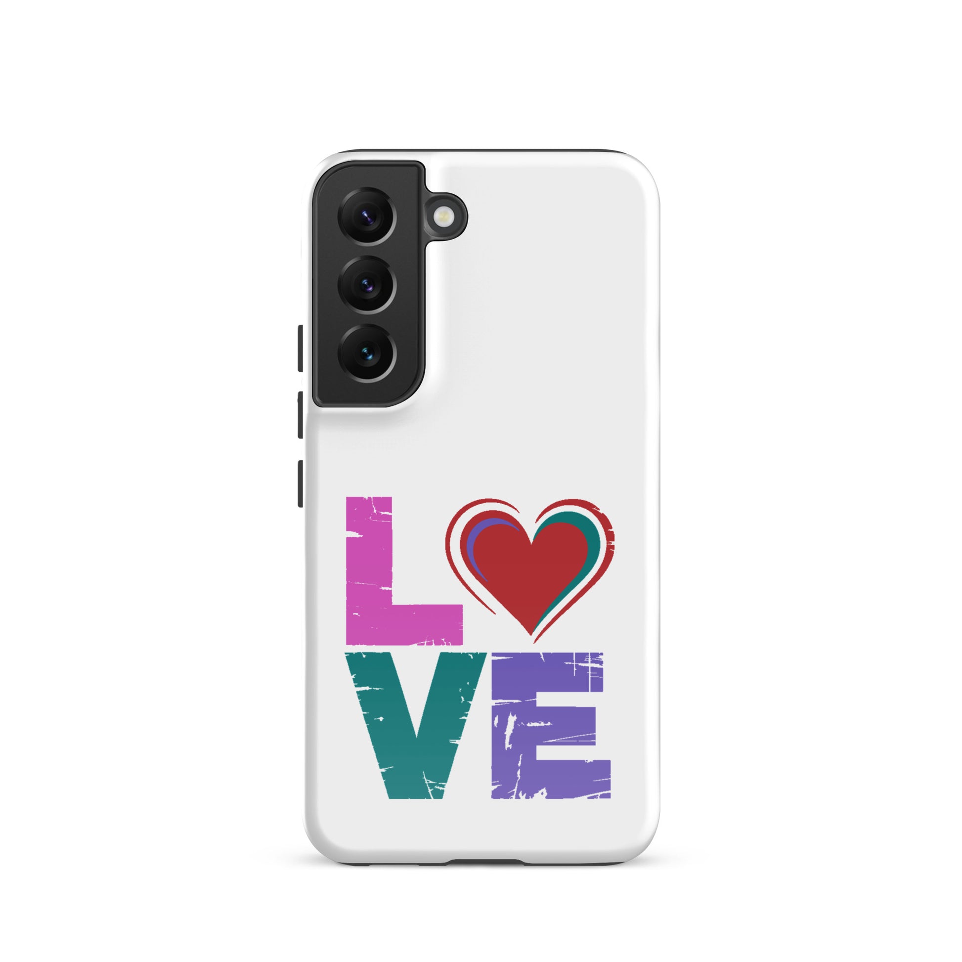 Tough case for Samsung Galaxy Phones featuring the word 'love' with a heart design and colorful letters.