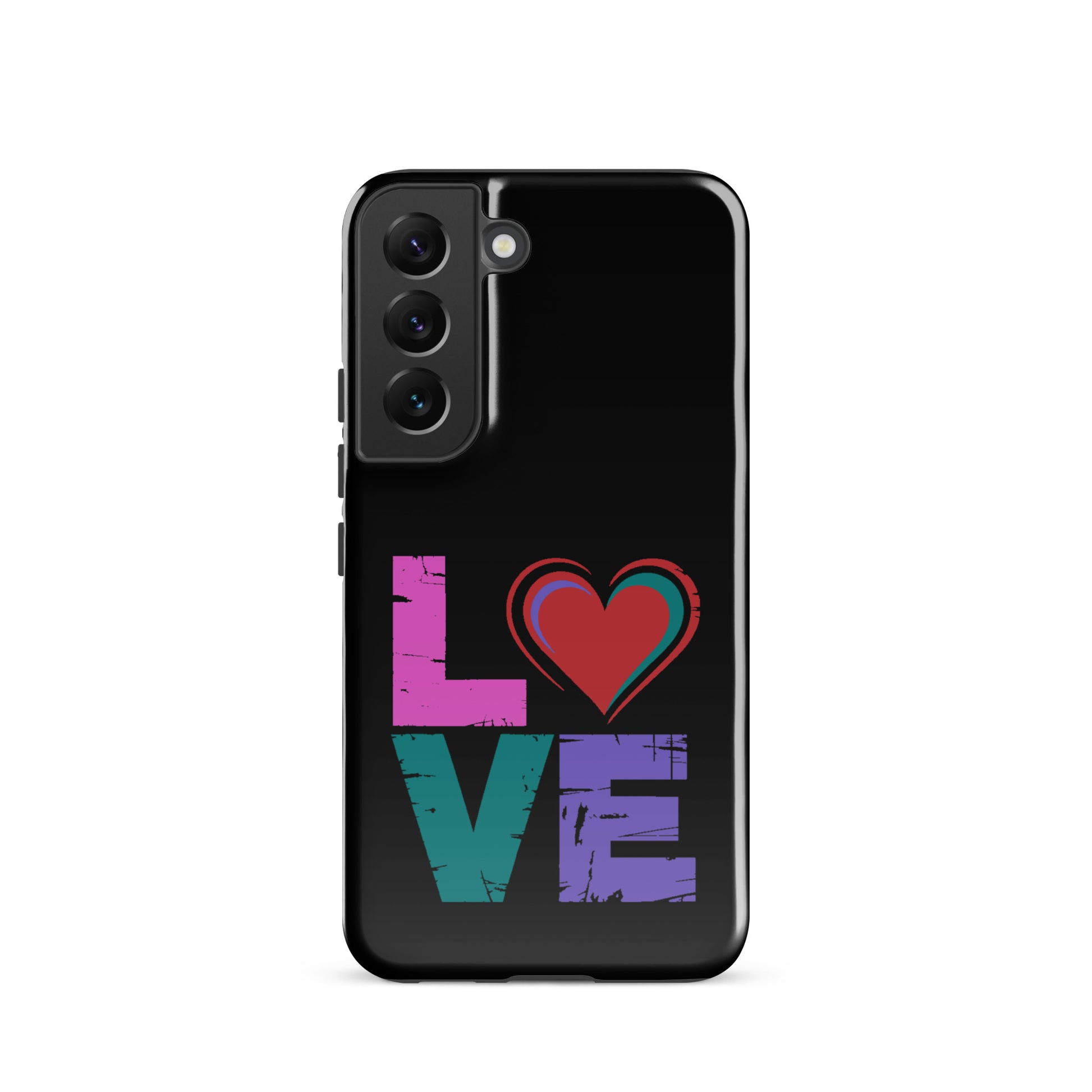 Tough case for Samsung Galaxy Phones featuring the word 'love' with a heart design on a black background.