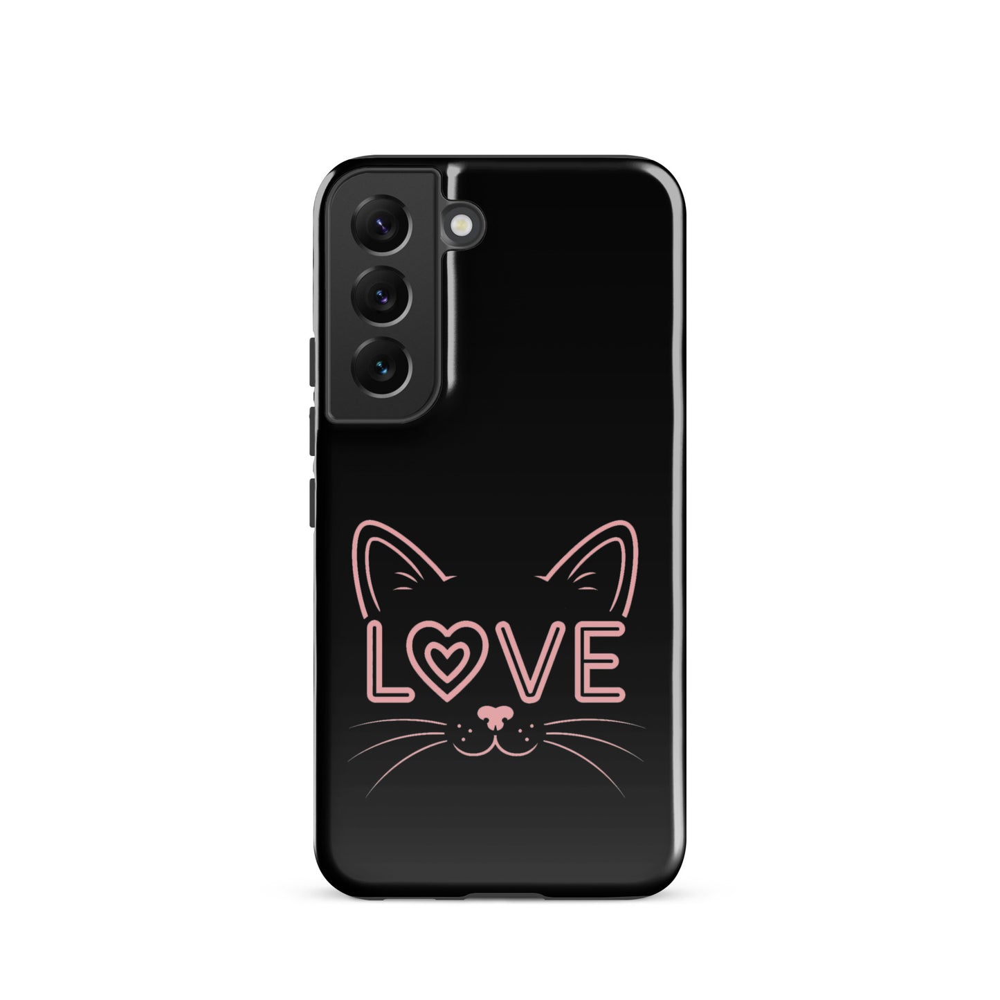 Cat Love Phone Case for Samsung Galaxy with minimalist cat face and "love" design.
