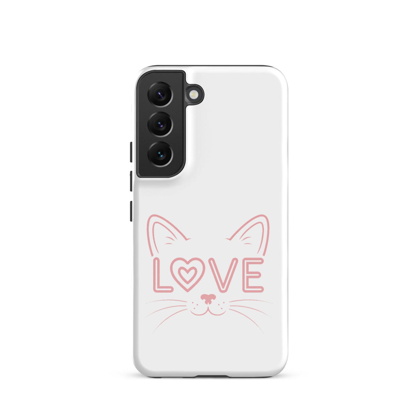 Cat Love phone case for Samsung Galaxy featuring a minimalist cat face design with 'LOVE' accent.
