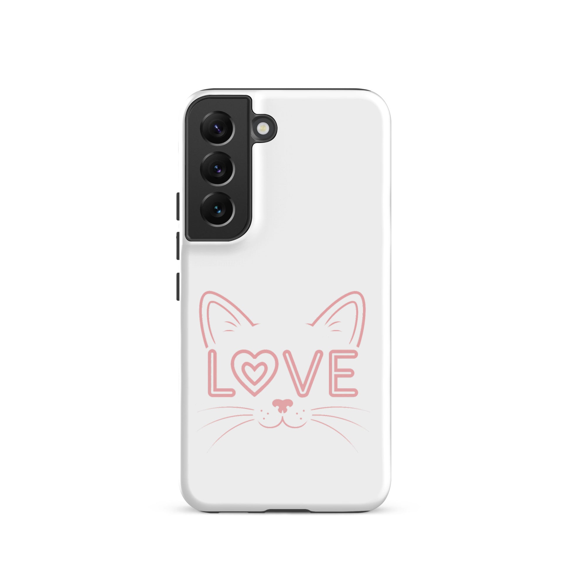 Cat Love phone case for Samsung Galaxy featuring a minimalist cat face design with 'LOVE' accent.