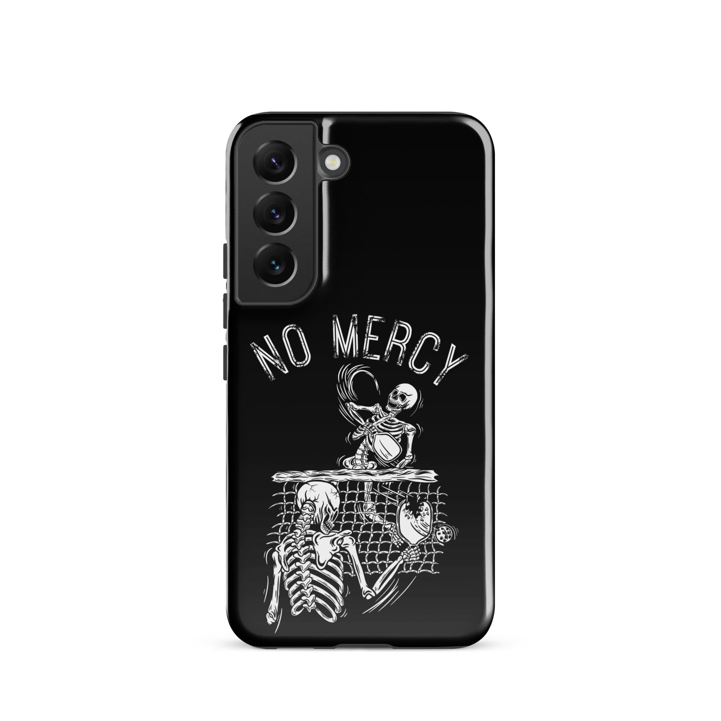Pickleball Samsung Galaxy case with 'No Mercy' design and skeletons, perfect for aggressive players.