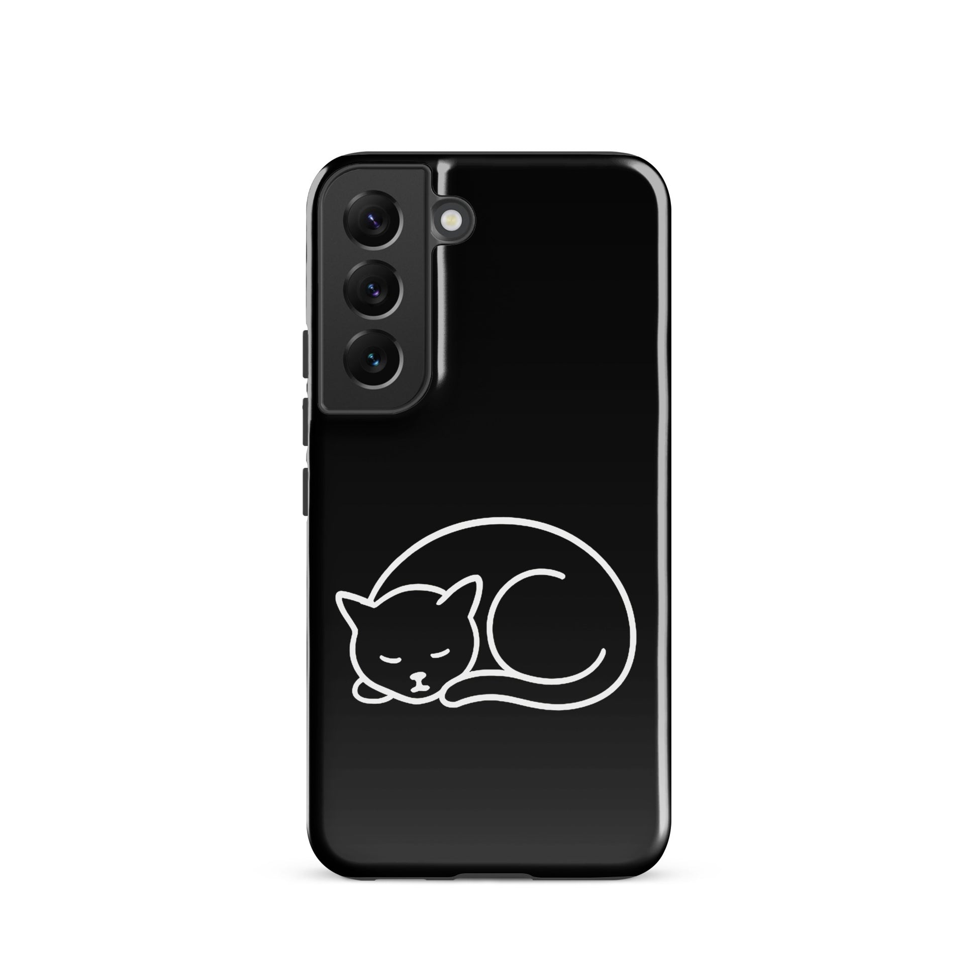 Phone Case for Samsung Galaxy Phones featuring a minimalist curled-up cat design on a black background.
