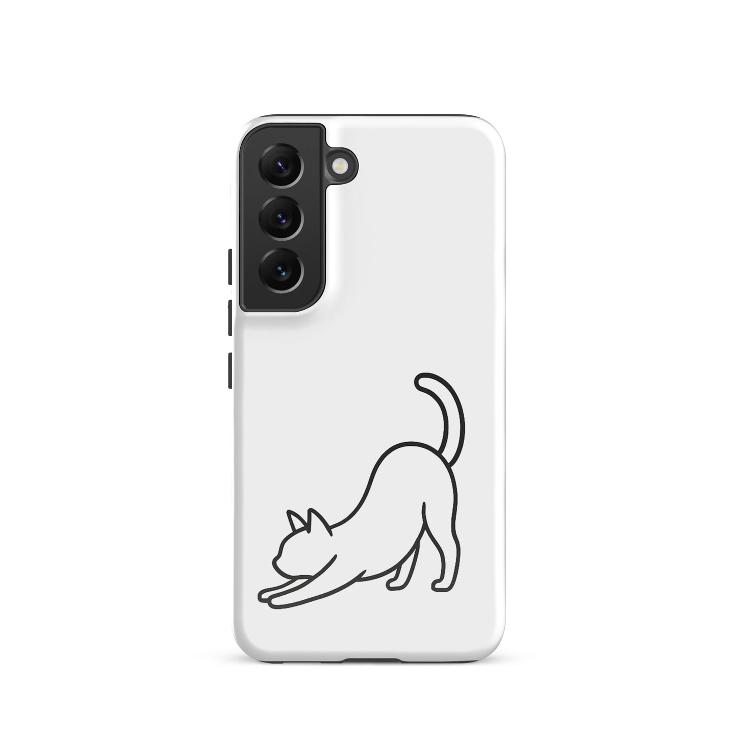 Phone Case for Samsung Galaxy featuring a minimalist stretching cat design on a sleek white background.