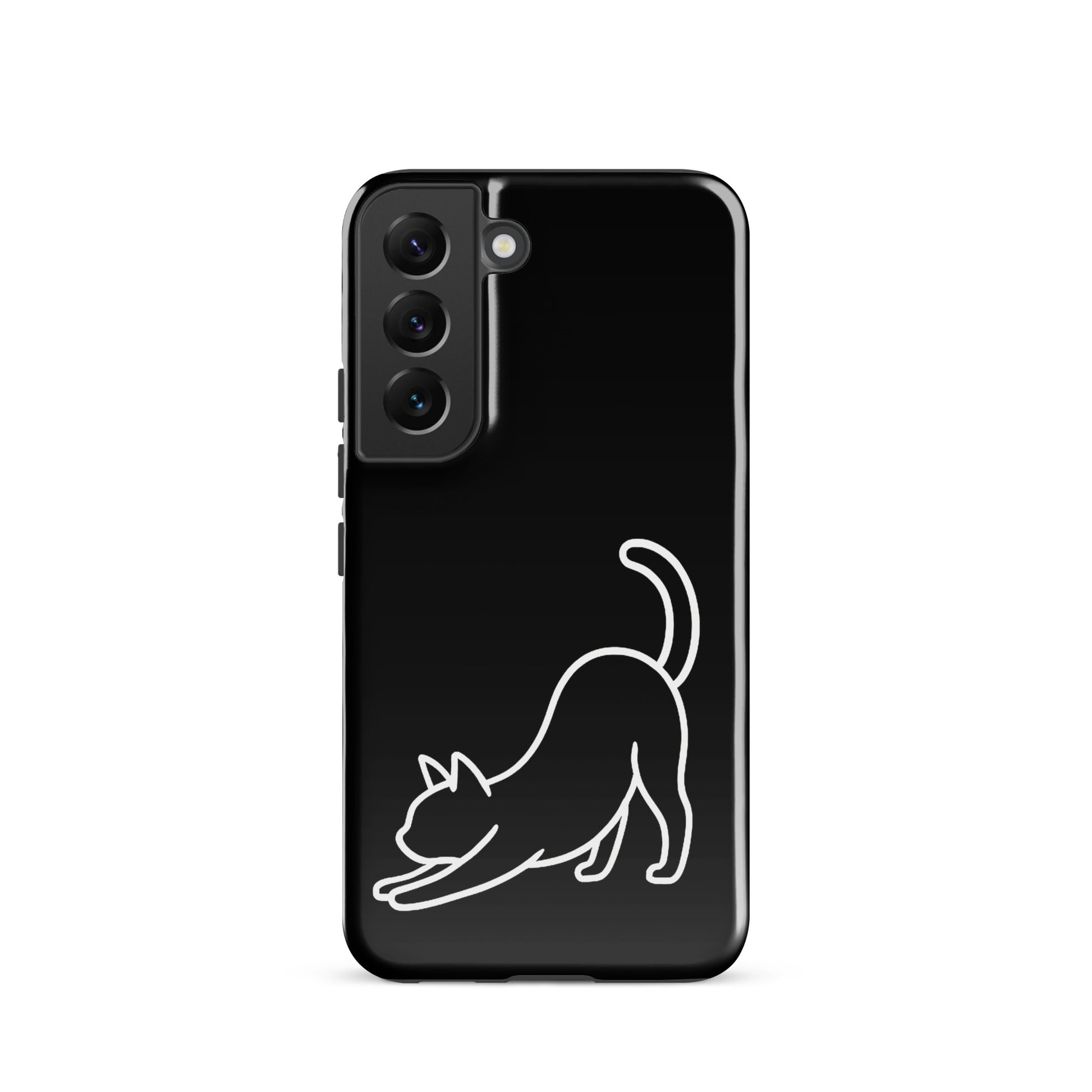 Phone Case for Samsung Galaxy with minimalist stretching cat design on a sleek black background.