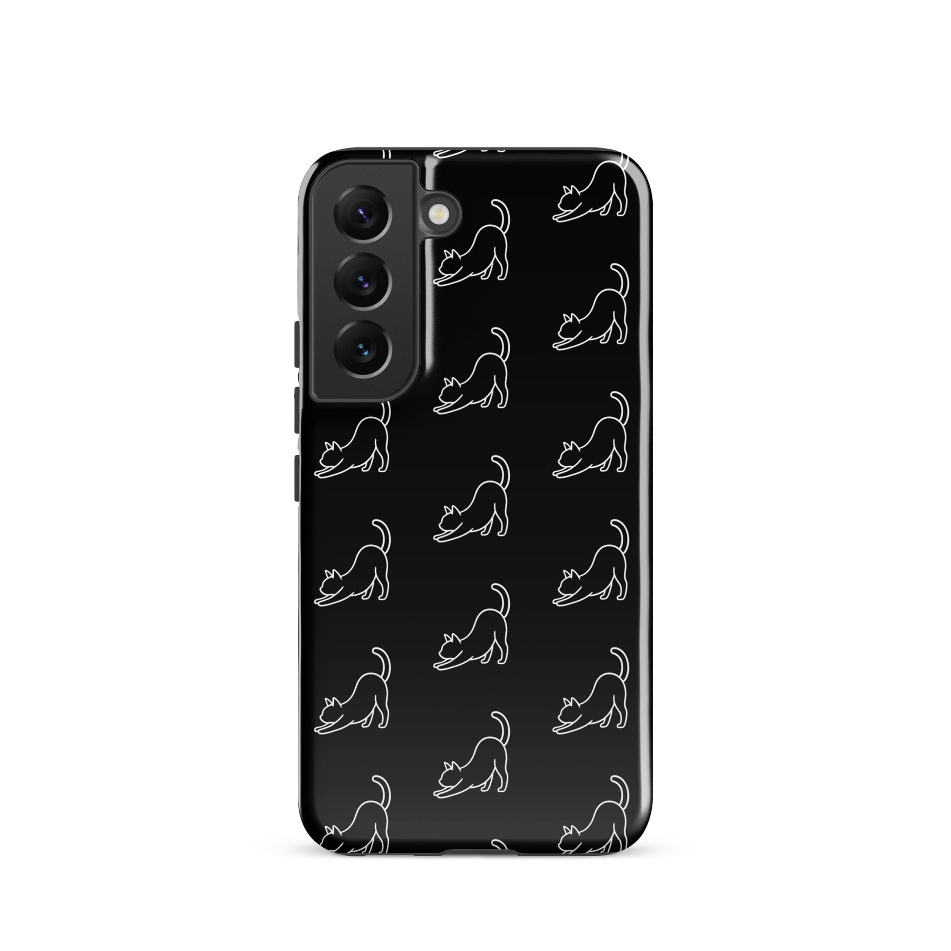 Phone Case for Samsung Galaxy featuring a minimalist stretching cat pattern on a black background.