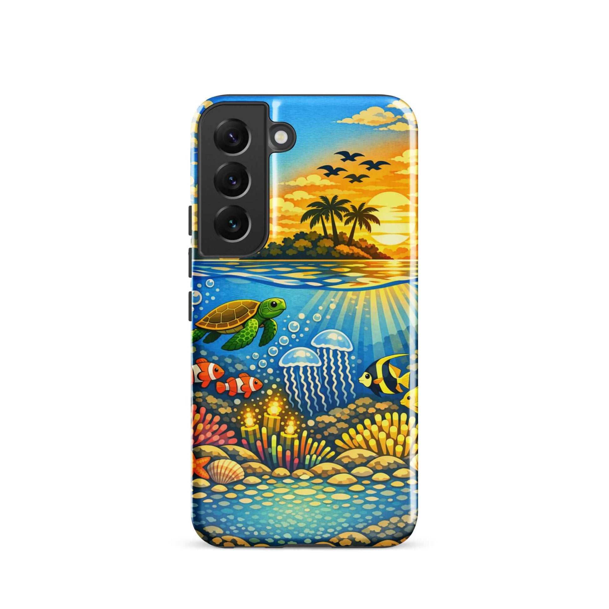 Phone Case for Samsung Galaxy featuring a tropical sunset and vibrant underwater reef scene with sea turtles and coral.