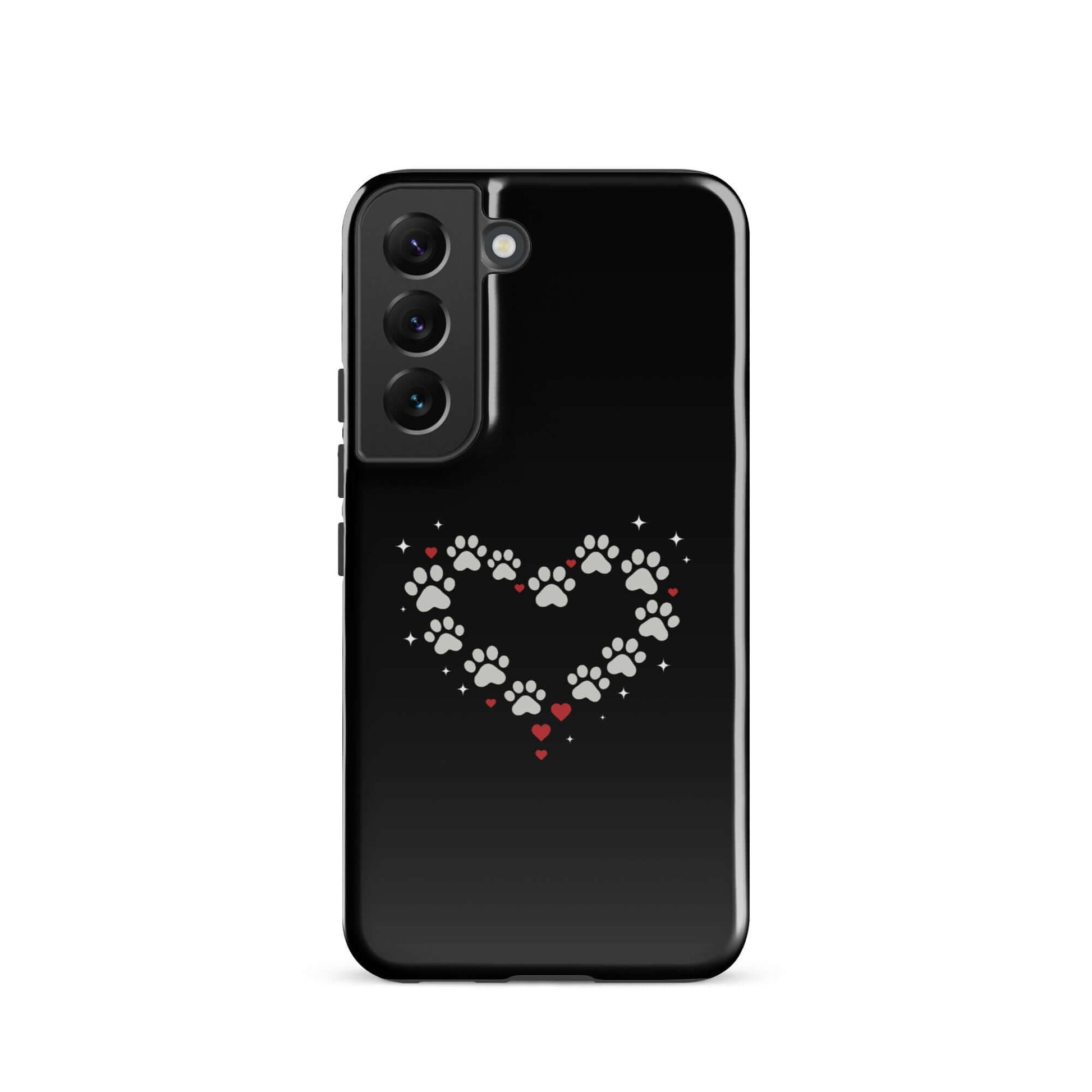 Phone Case for Samsung Galaxy with paw-print heart design on a black background.