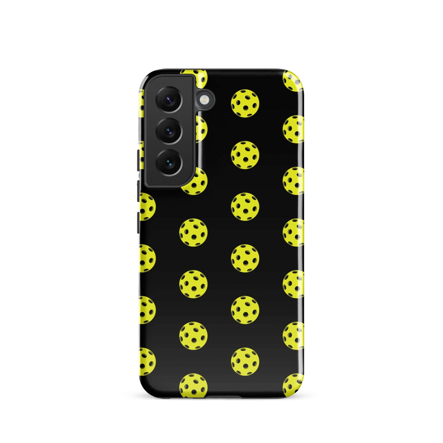 Phone Case for Samsung Galaxy featuring a playful pickleball pattern in yellow on a black background.