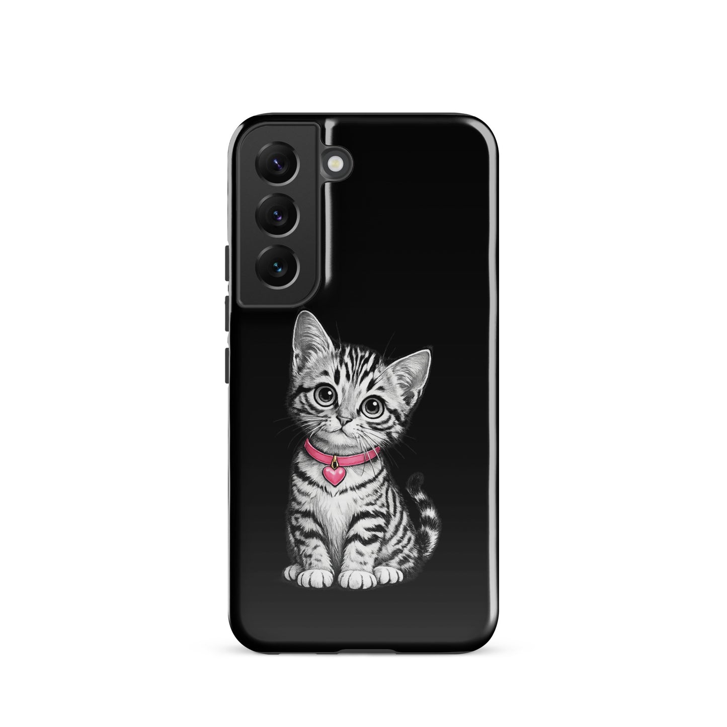 Phone Case for Samsung Galaxy featuring pencil-sketch kitten with pink heart charm.