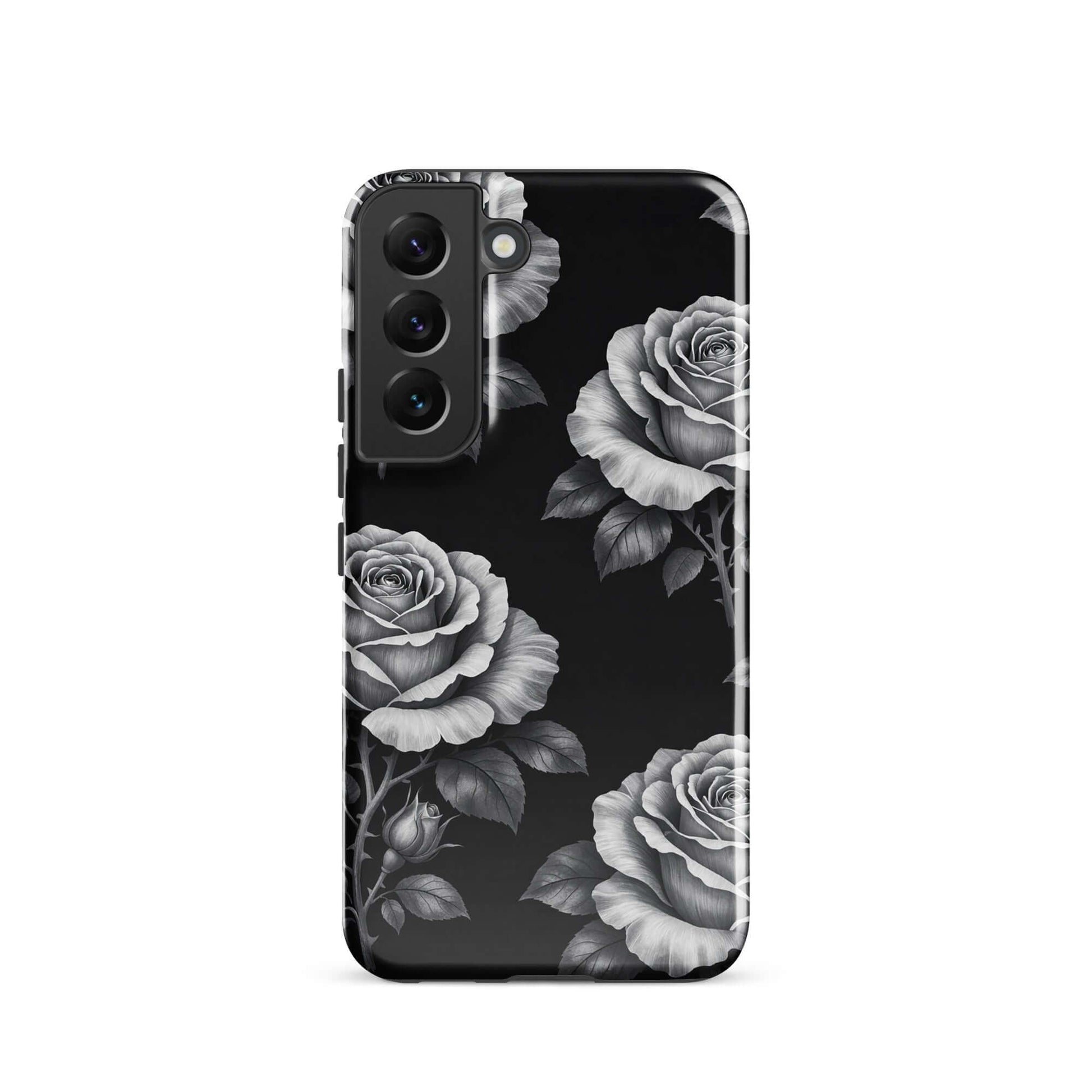 Phone Case for Samsung Galaxy with rose garden design, featuring sketched roses and leaves on a black background for a stylish look.