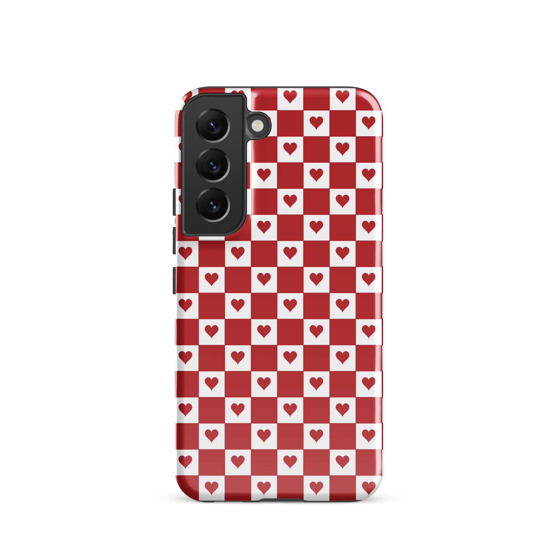 Phone Case for Samsung Galaxy with cute red heart checkered design, red and white pattern, charming and playful phone accessory.