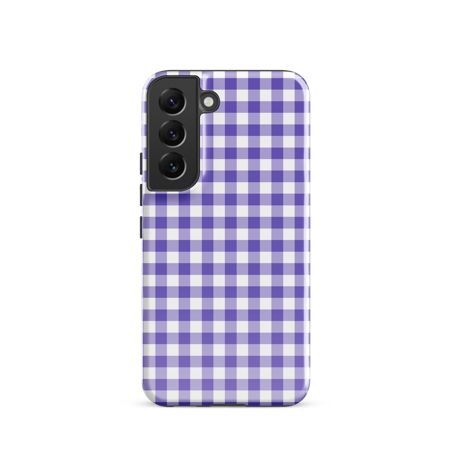Phone case for Samsung Galaxy with purple gingham pattern, offering style and protection.