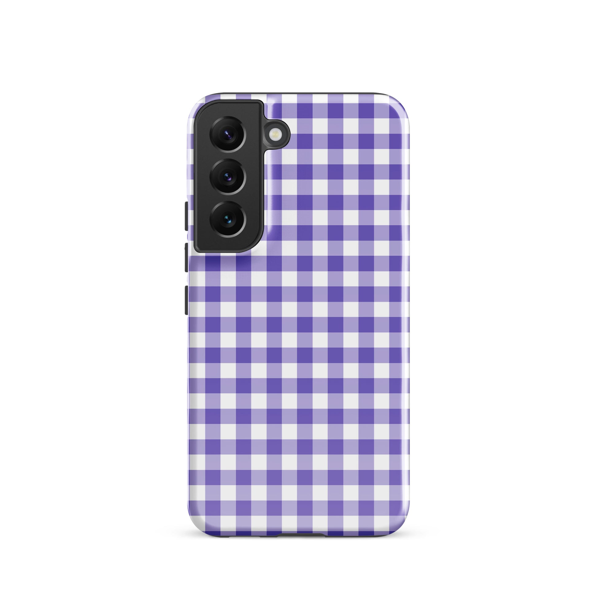 Phone case for Samsung Galaxy with purple gingham pattern, offering style and protection.