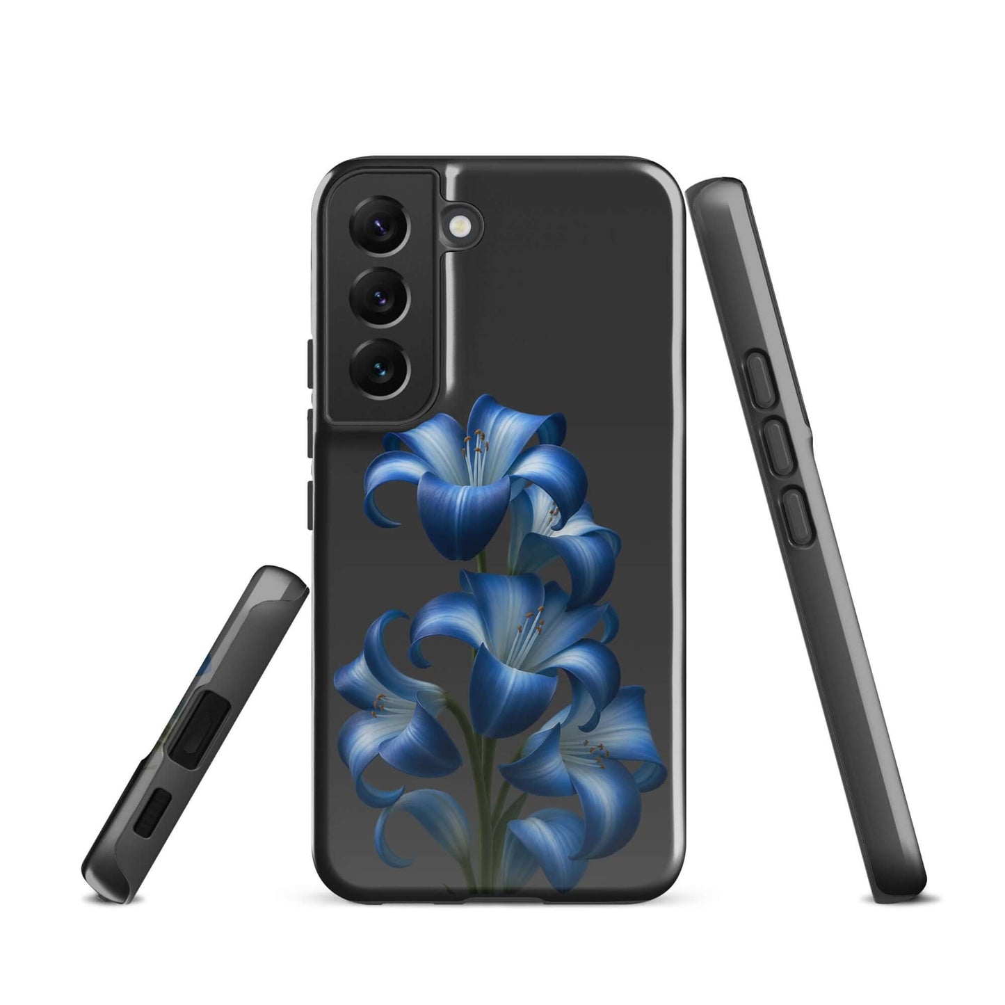 Phone Case for Samsung Galaxy featuring blue lily bloom art on a sleek dark backdrop, stylish and protective dual-layer design.
