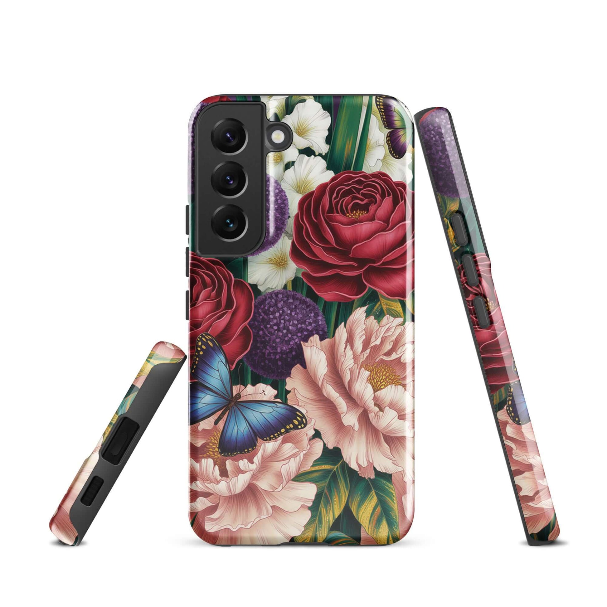 Phone Case for Samsung Galaxy with vivid botanical design of crimson roses, pink peonies, purple alliums, and blue butterflies