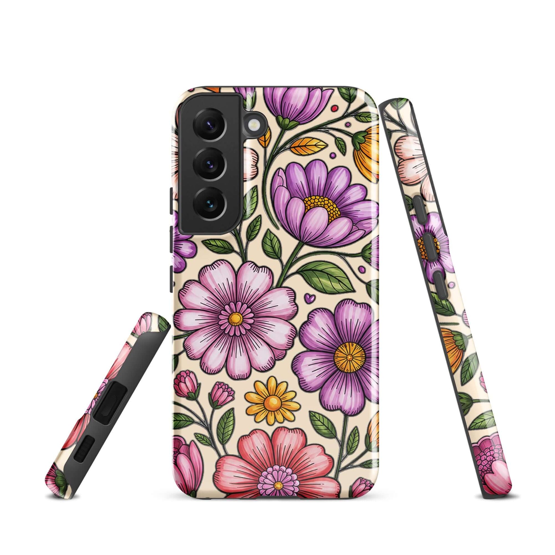 Phone Case for Samsung Galaxy with pastel floral design showcasing pink, peach, lavender, and yellow flowers on a protective shell.