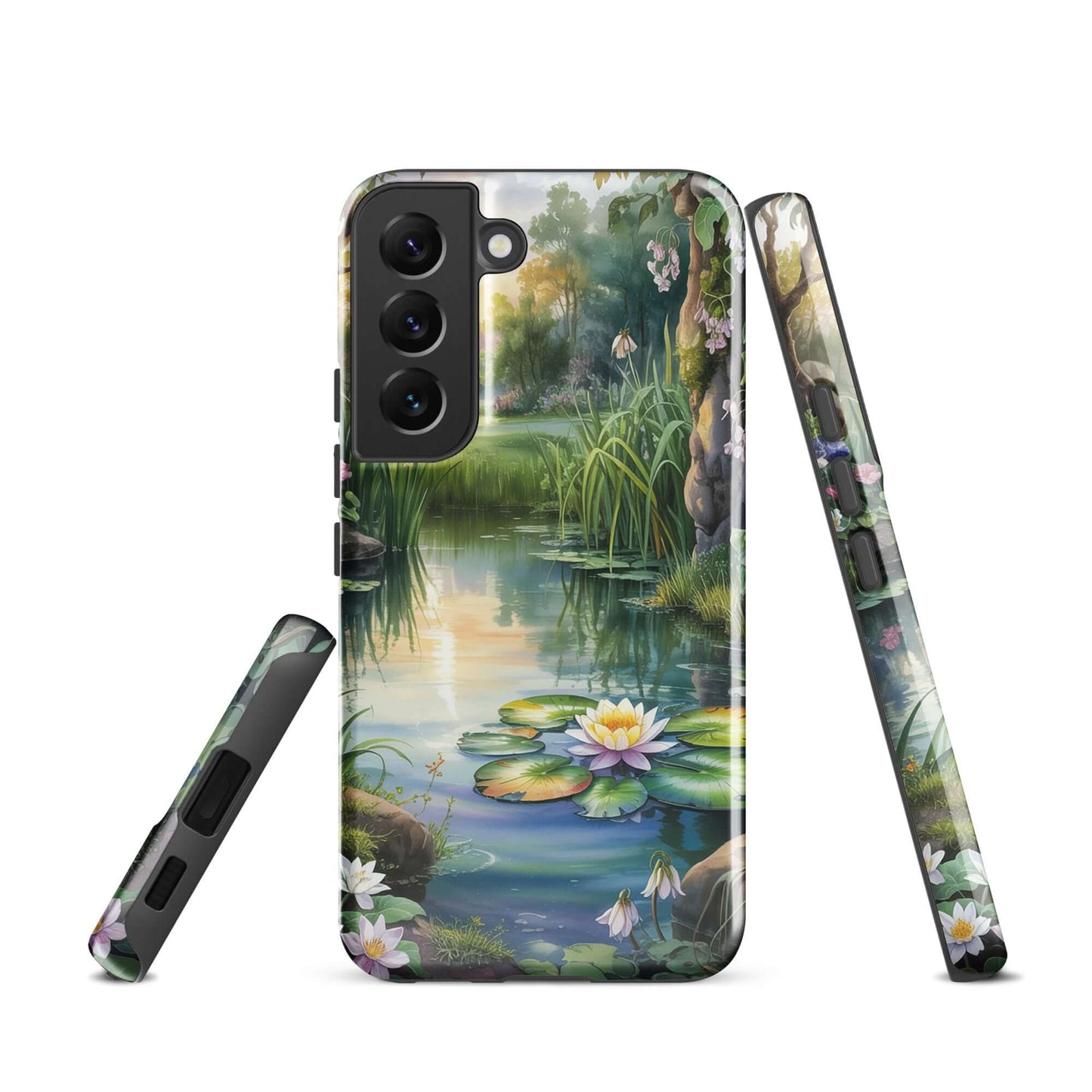 Phone Case for Samsung Galaxy featuring enchanted pond design with water lilies, warm golden reflections, and storybook charm.