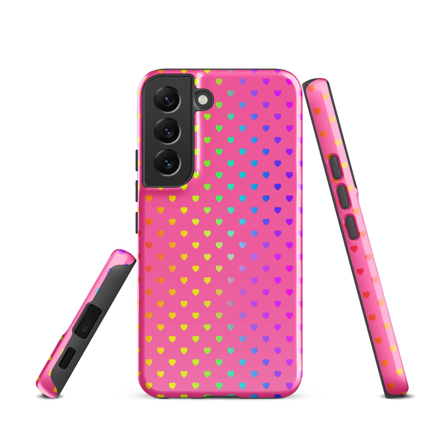 Phone case for Samsung Galaxy with rainbow hearts design on pink background.