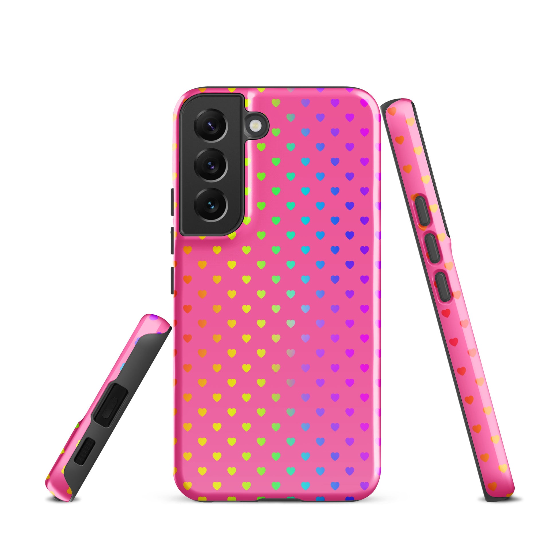 Phone case for Samsung Galaxy with rainbow hearts design on pink background.