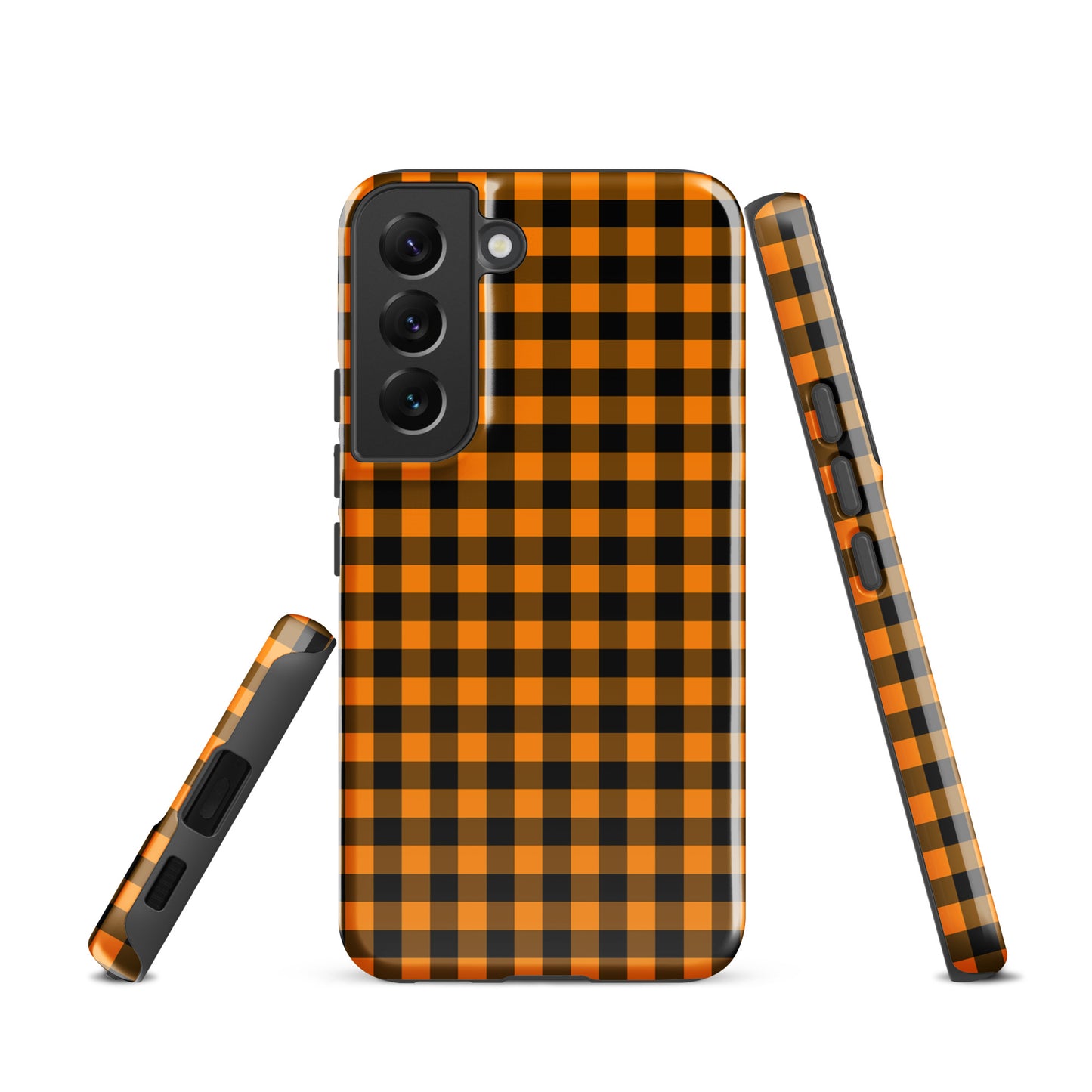 Phone case with black-and-orange gingham design for Samsung Galaxy, perfect for Autumn, blending style and durability.