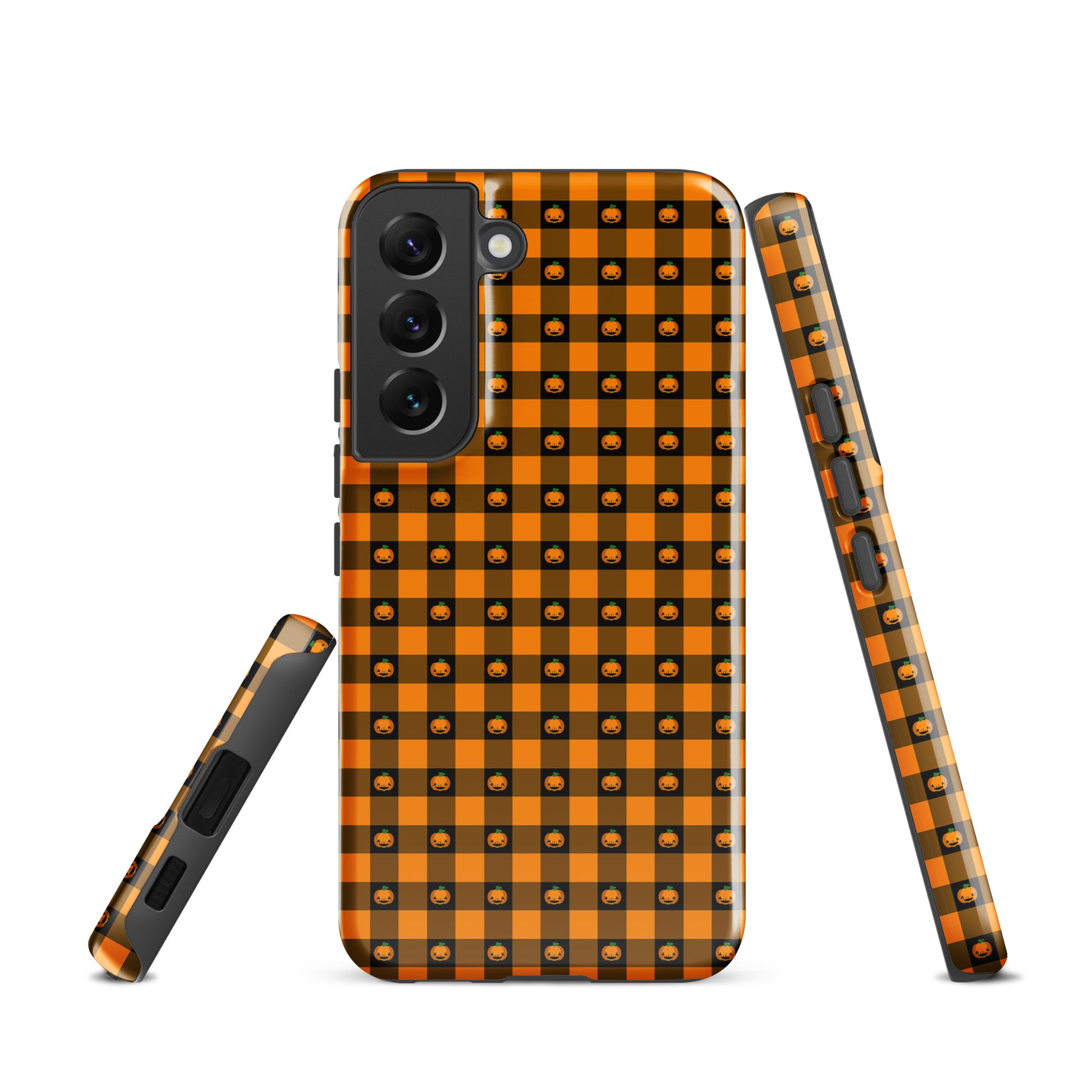 Phone Case for Samsung Galaxy with playful pumpkin gingham Halloween design, showcasing festive orange and black checkered pattern.