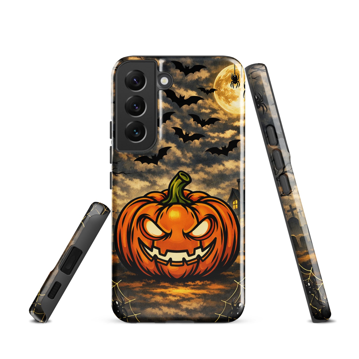 Phone Case for Samsung Galaxy with haunted pumpkin, bats, moonlit clouds, and haunted house Halloween scene.
