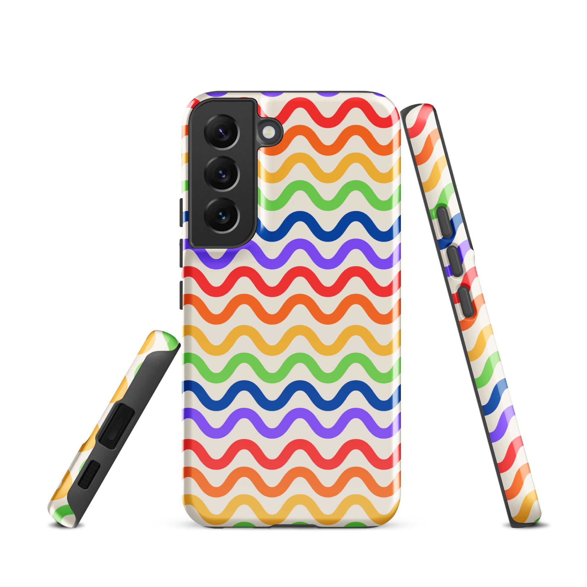 Colorful Phone Case for Samsung Galaxy with wavy rainbow groove pattern featuring vibrant lines on a white background.