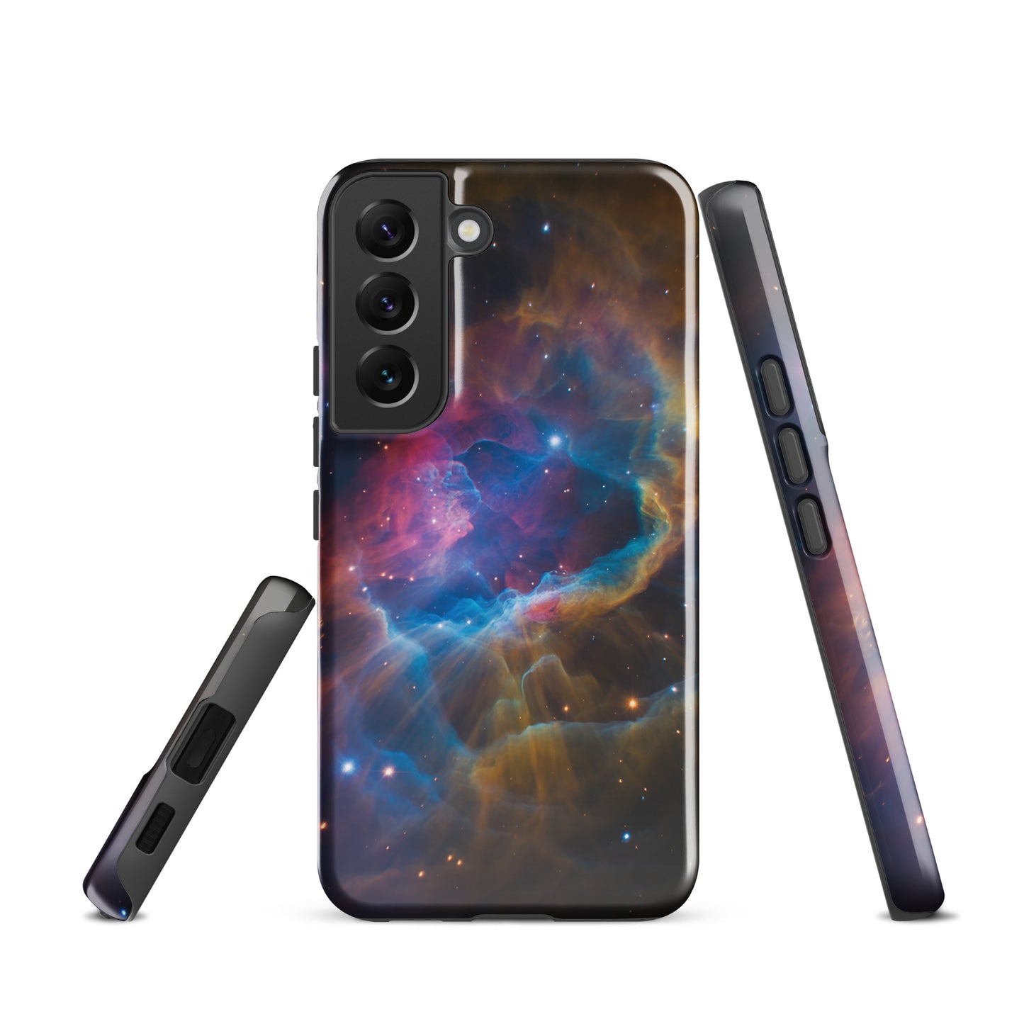 Phone Case for Samsung Galaxy with nebula design featuring vibrant blues, oranges, and pinks creating a cosmic dreamscape starburst.